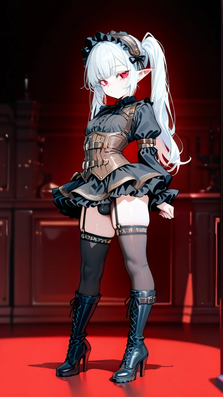 (otoko_no_ko) white_hair long_hair twin_ponytails (red_eyes) white_eyelashes pointy_ears steampunk_clothes (underbust) frilled_skirt frilled_hairband thigh_high_boots_with_laces puffed_sleeves black_shirt (legs_apart) highheels penis_bulge