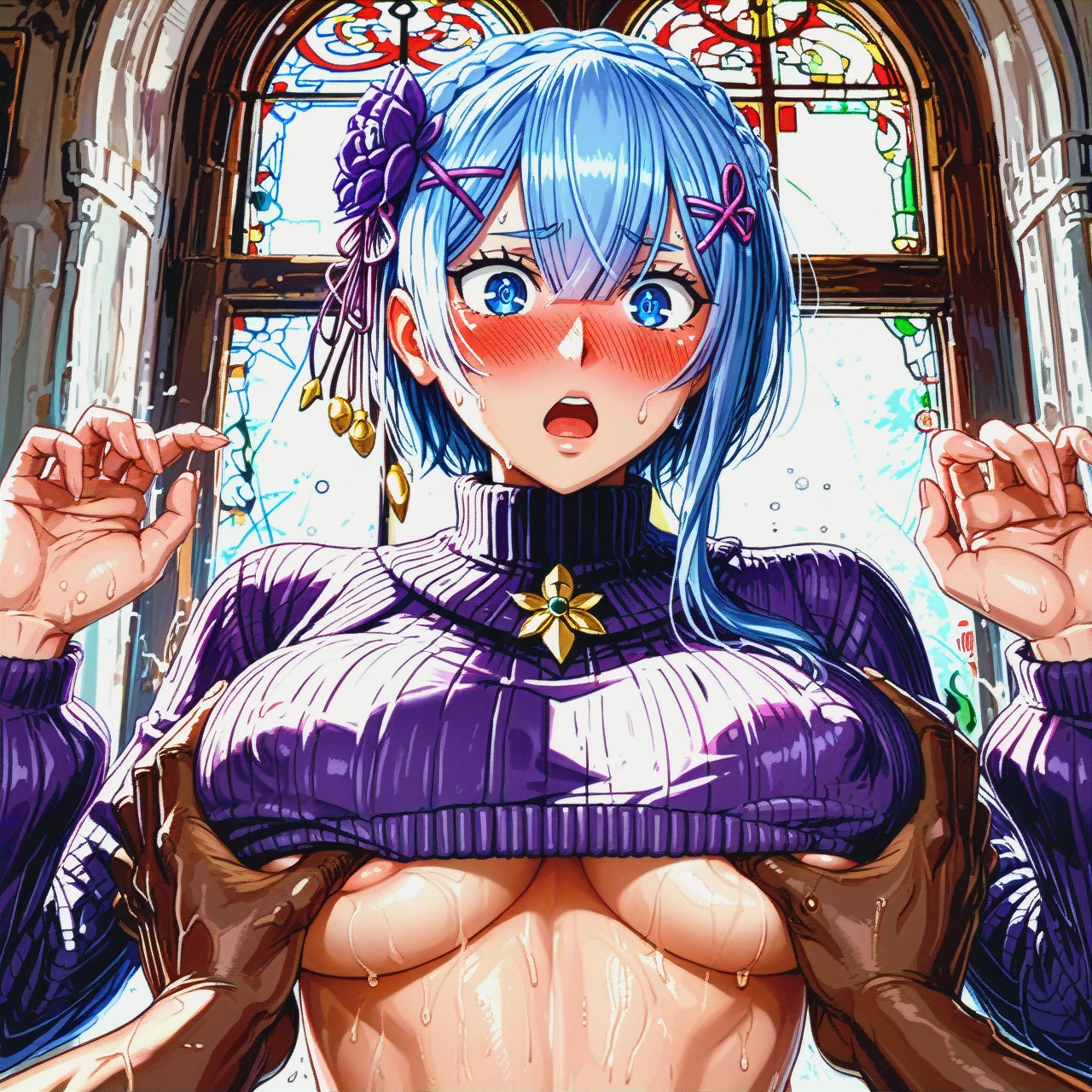 null art style, Eruza Guranhirute  from re zero , extreme blush, crop top sweater, crop top jumper, breasts cutout, breasts window, purple clothes, underboob, sweaty, pov, groping Exposing breasts, surprised, looking down at own breasts, fischnets, nipple slip, nipple bulge, areola slip, interracial, African man hands, blushing