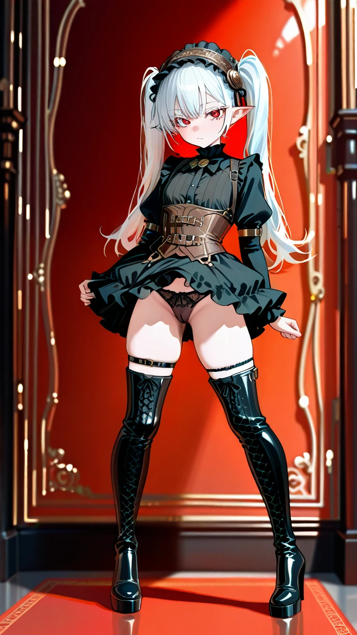 (otoko_no_ko) white_hair long_hair twin_ponytails (red_eyes) white_eyelashes pointy_ears steampunk_clothes (underbust) frilled_skirt frilled_hairband thigh_high_boots_with_laces puffed_sleeves black_shirt (legs_apart) highheels penis_bulge standing thigh_high_boots lace_panties