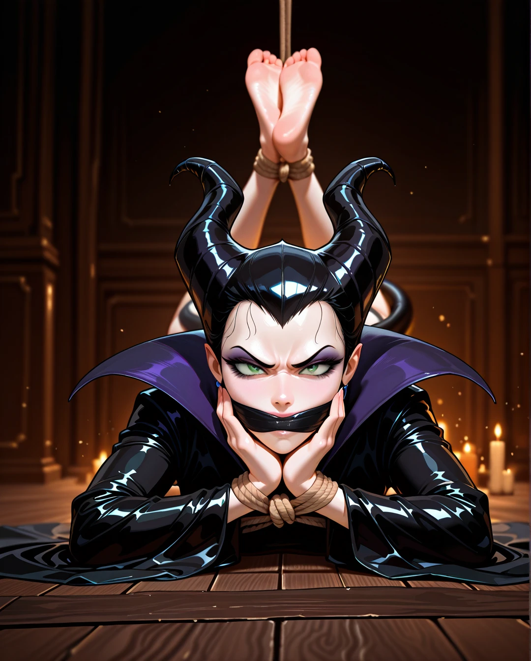 1girl, solo, @maleficent, full clothes, (angry), (the_pose), (crossed_ankles), barefoot, wrap gag, rope (bondage), hogtied, (full_body), (from_side)