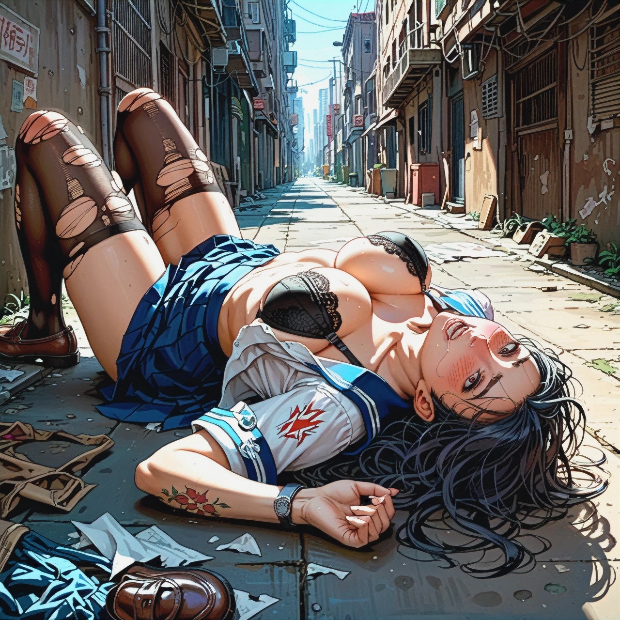 1 girl,, nose blush,feet,saggy boobs,breast press,shoulder tattoo, nose,,medium tits,on back,detailed skin, school uniform,torn thighhighs,saliva strings,black bra,running shoes, living room, dark alley, spaceship, grabbed, anime style, solo