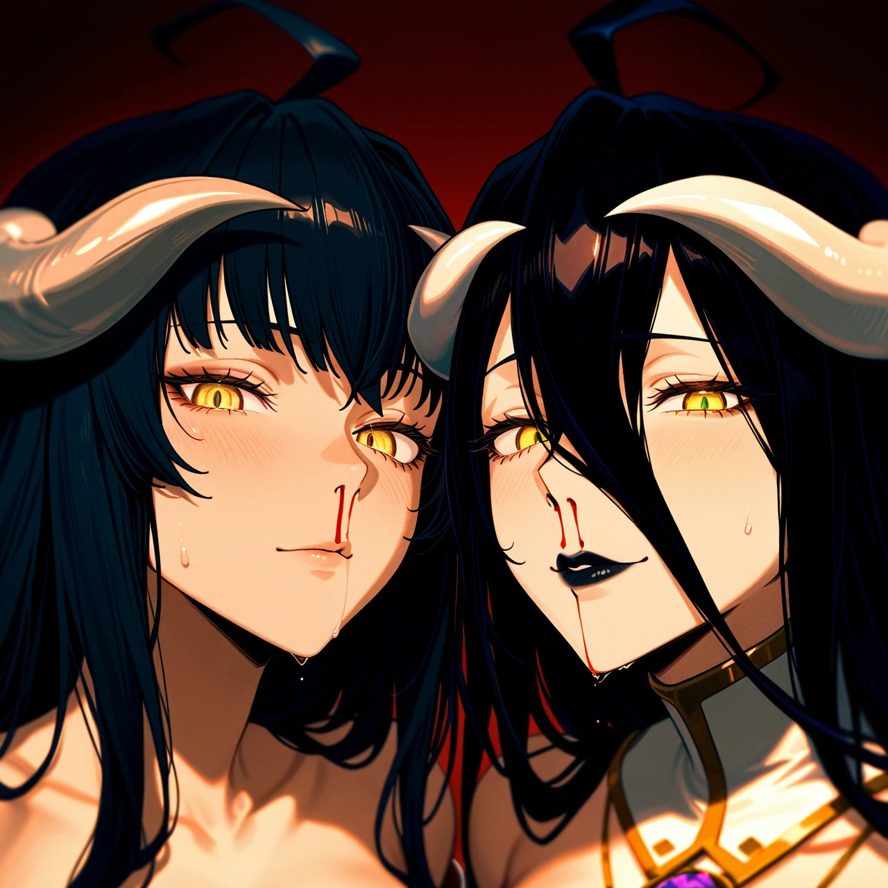 @yae_miko goth, black hair, black lipstic,  @albedo (endured_face) black hair, black lipsticks (nosebleed)