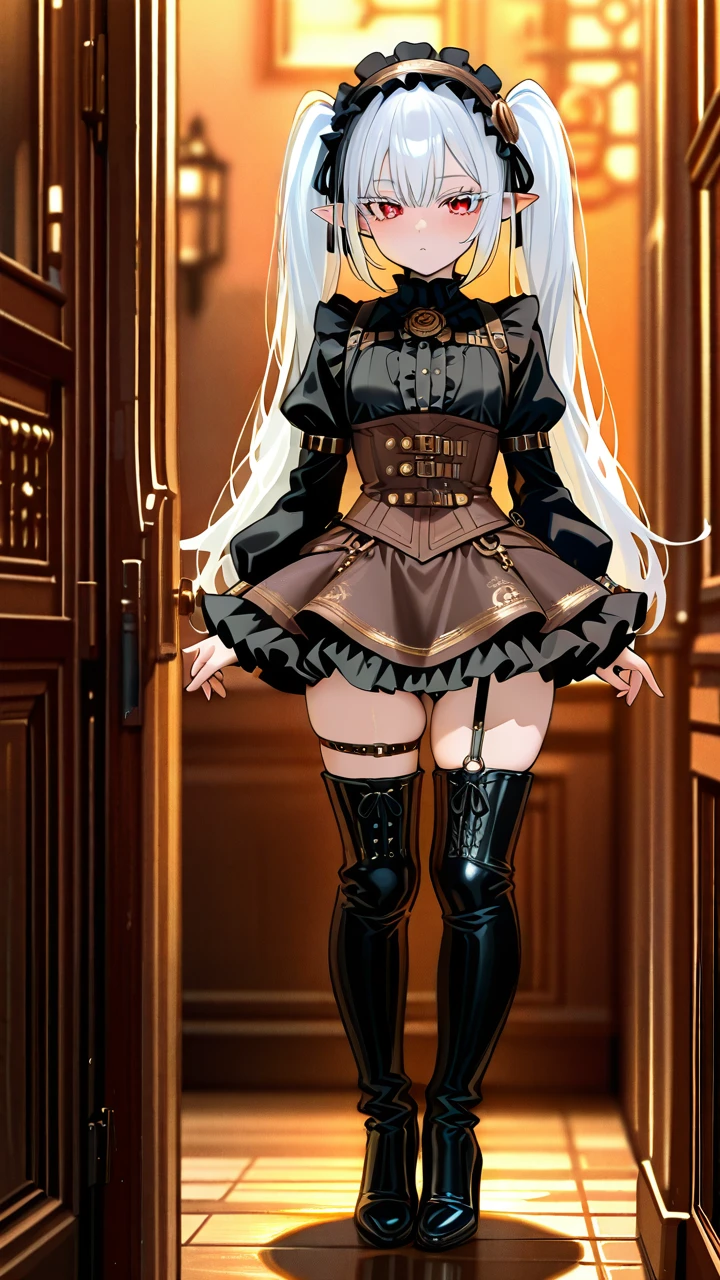 (otoko_no_ko) white_hair long_hair twin_ponytails (red_eyes) white_eyelashes pointy_ears steampunk_clothes (underbust) frilled_skirt frilled_hairband thigh_high_boots_with_laces puffed_sleeves black_shirt (legs_apart) highheels penis_bulge standing thigh_high_boots