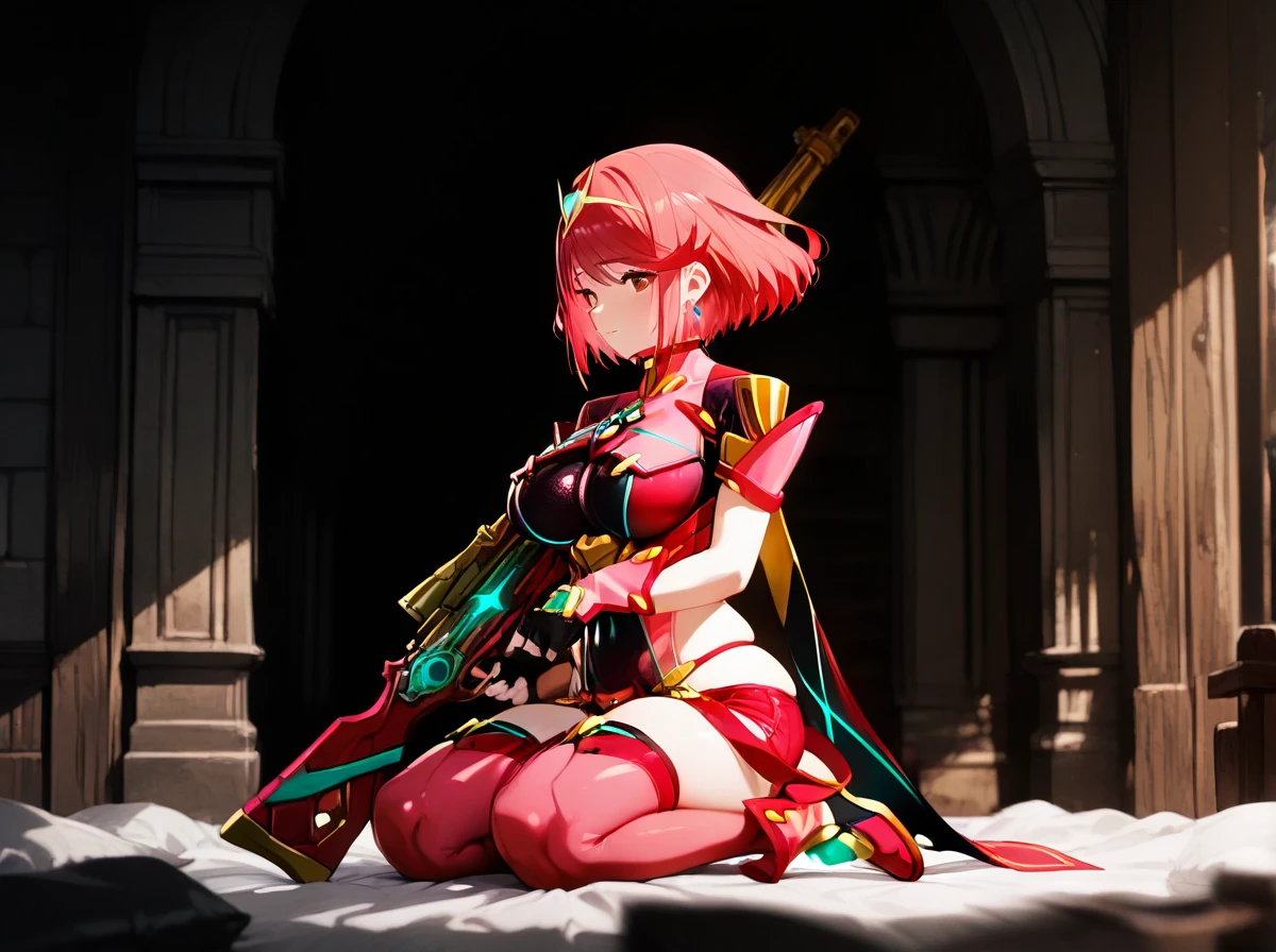 1girl soro, A side view of (@pyra detailed eyes), kneeling and holding a rifle,