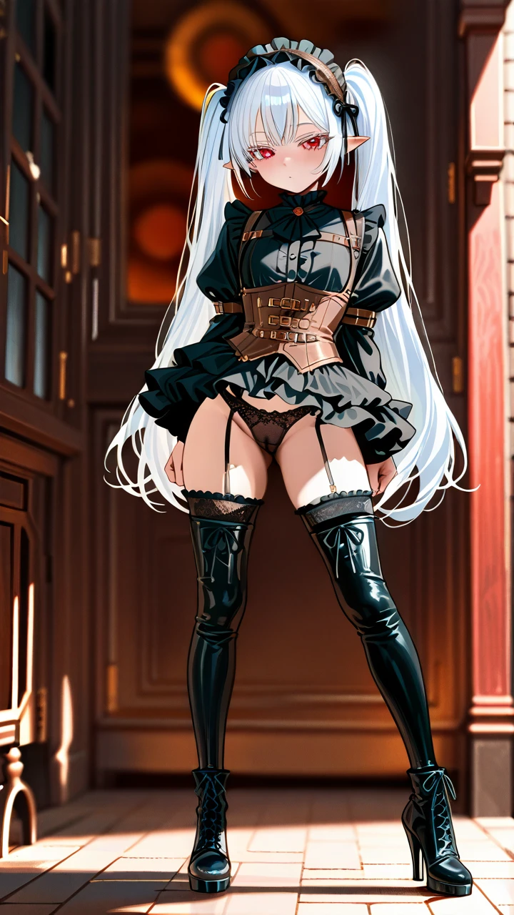 (otoko_no_ko) white_hair long_hair twin_ponytails (red_eyes) white_eyelashes pointy_ears steampunk_clothes (underbust) frilled_skirt frilled_hairband thigh_high_boots_with_laces puffed_sleeves black_shirt (legs_apart) highheels penis_bulge standing thigh_high_boots lace_panties