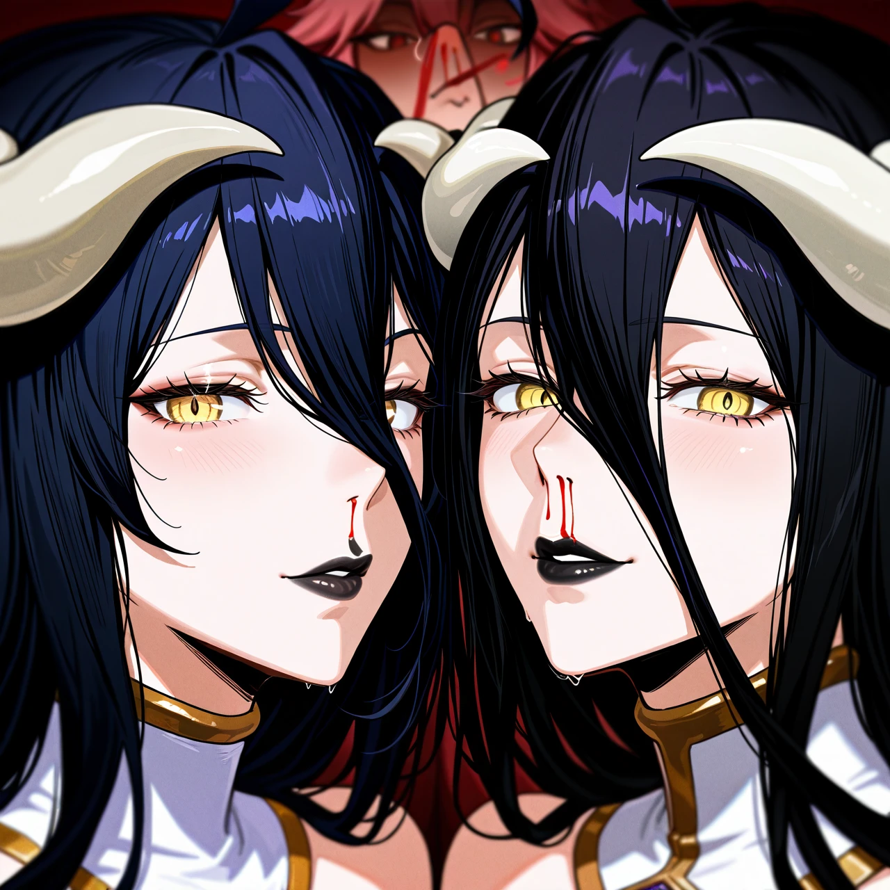 @yae_miko goth, black hair, black lipstic,  @albedo (endured_face) black hair, black lipsticks (nosebleed)