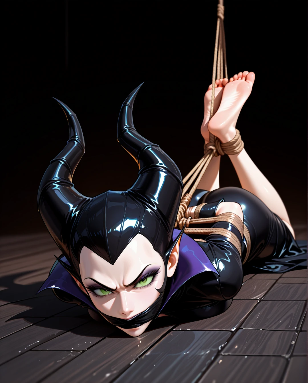 1girl, solo, @maleficent, full clothes, (angry), (the_pose), (crossed_ankles), barefoot, wrap gag, rope (bondage), hogtied, (arms_behind_back), (full_body), (from_side)