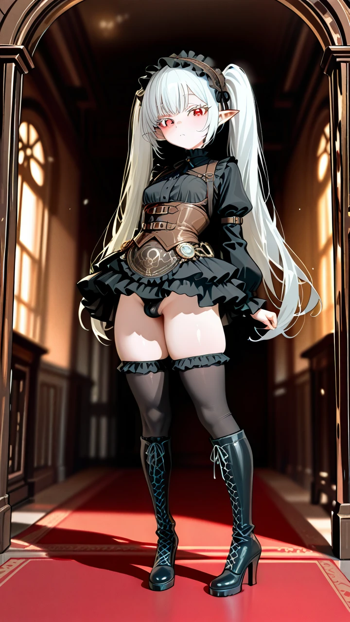 (otoko_no_ko) white_hair long_hair twin_ponytails (red_eyes) white_eyelashes pointy_ears steampunk_clothes (underbust) frilled_skirt frilled_hairband thigh_high_boots_with_laces puffed_sleeves black_shirt (legs_apart) highheels penis_bulge standing thigh_high_boots