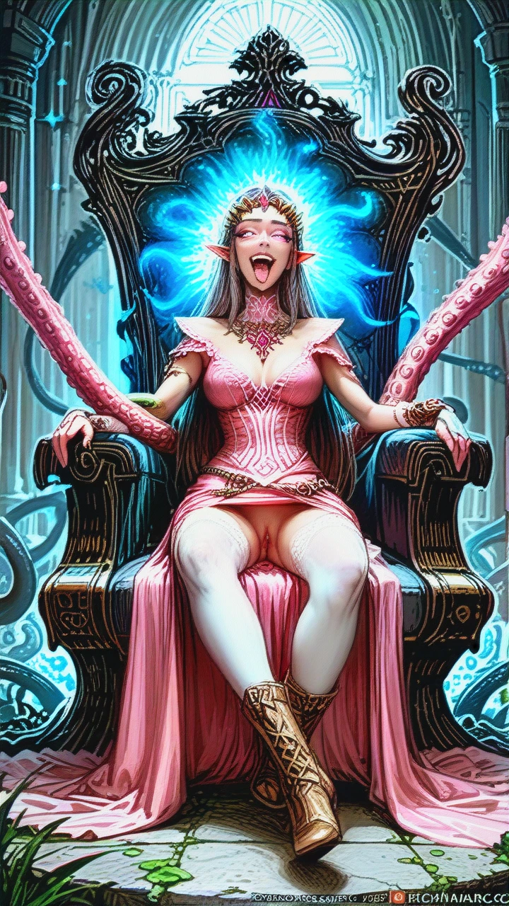 Zelda from The Legend of Zelda: Twilight Princess, full body, ,white stockings , (curvy),(laughing),(slender proportioned girl),realistic image,pink royal dress,(skirt_lift), leater high boots, (spread_legs),in throne room,(ahegao),(tentacle_sex),(glowing_eyes),vaginal,gloves,gray skin,scar