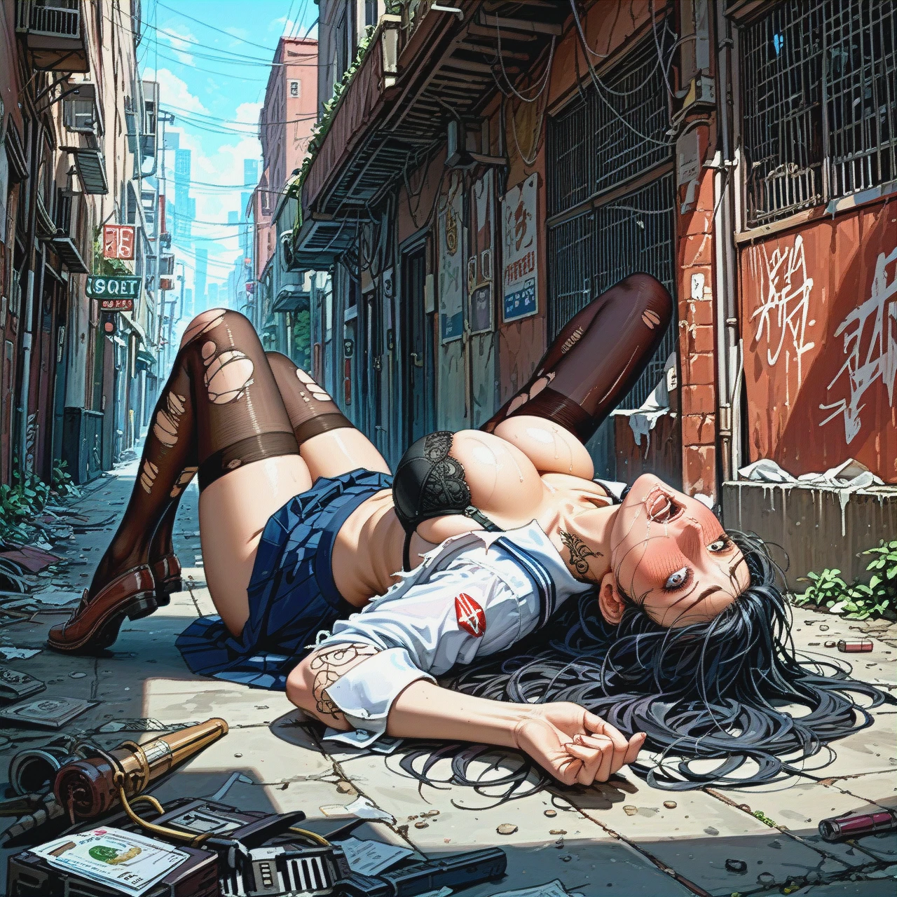 1 girl,, nose blush,feet,saggy boobs,breast press,shoulder tattoo, nose,,medium tits,on back,detailed skin, school uniform,torn thighhighs,saliva strings,black bra,running shoes, living room, dark alley, spaceship, grabbed, anime style, solo