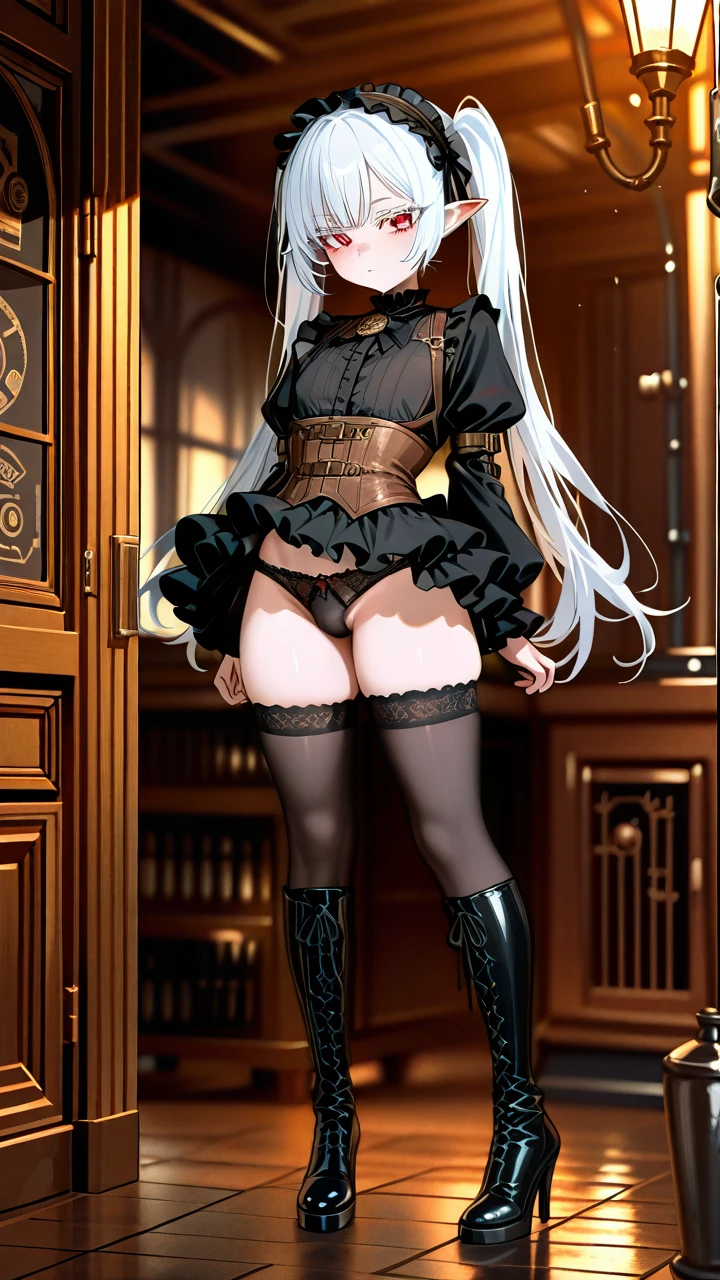 (otoko_no_ko) white_hair long_hair twin_ponytails (red_eyes) white_eyelashes pointy_ears steampunk_clothes (underbust) frilled_skirt frilled_hairband thigh_high_boots_with_laces puffed_sleeves black_shirt (legs_apart) highheels penis_bulge standing thigh_high_boots lace_panties