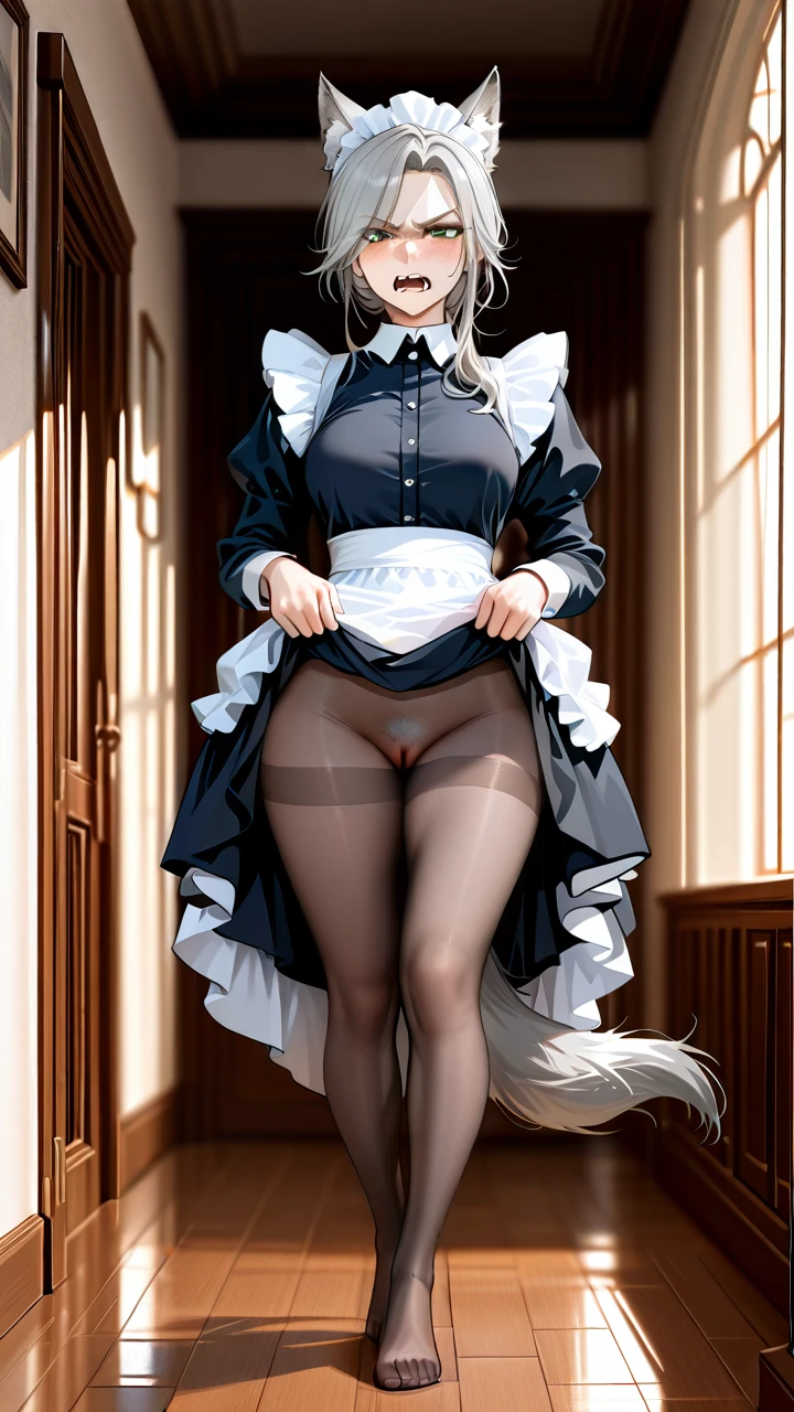 A girl, grey hair, grey eyebrows, green eyes, wolf ears, wolf tail, fangs, grey pubic hair, (angry), medium breast, (mature_female), pussy, maid uniform, (clothes_lift), legs, feet, toes, (standing), pantyhose,