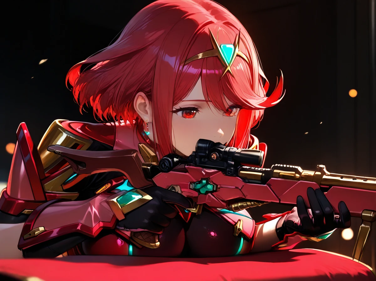 1girl soro, A side view of (@pyra detailed eyes), kneeling and holding a rifle,