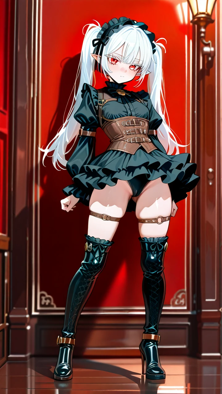 (otoko_no_ko) white_hair long_hair twin_ponytails (red_eyes) white_eyelashes pointy_ears steampunk_clothes (underbust) frilled_skirt frilled_hairband thigh_high_boots_with_laces puffed_sleeves black_shirt (legs_apart) highheels penis_bulge standing thigh_high_boots