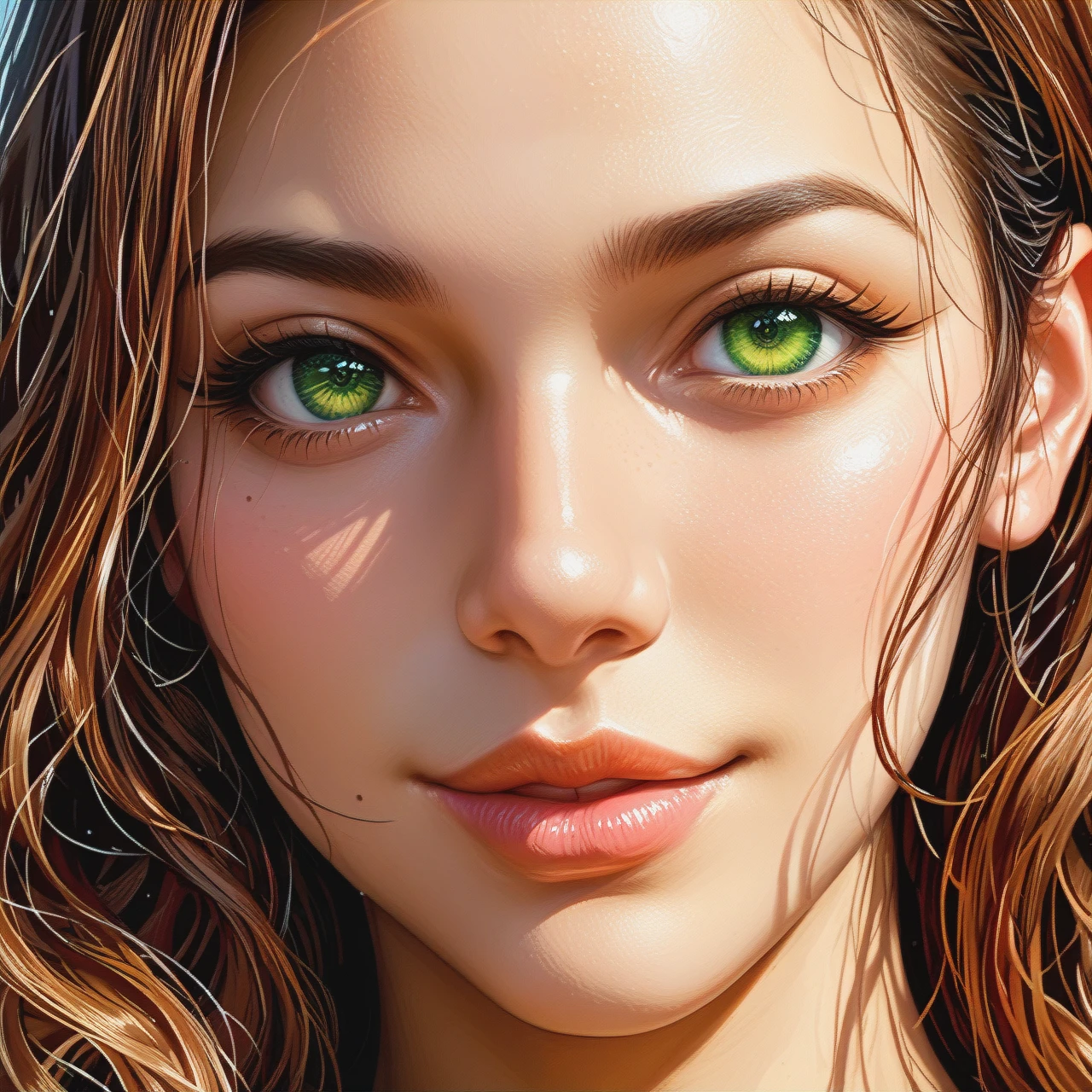 PhotoRealistic Portrait of eyes, nose, lips, golden-green eyes, perfect nose, sensual lips, true beauty, caramel skin, light smile, close up shot, realistic, detailed