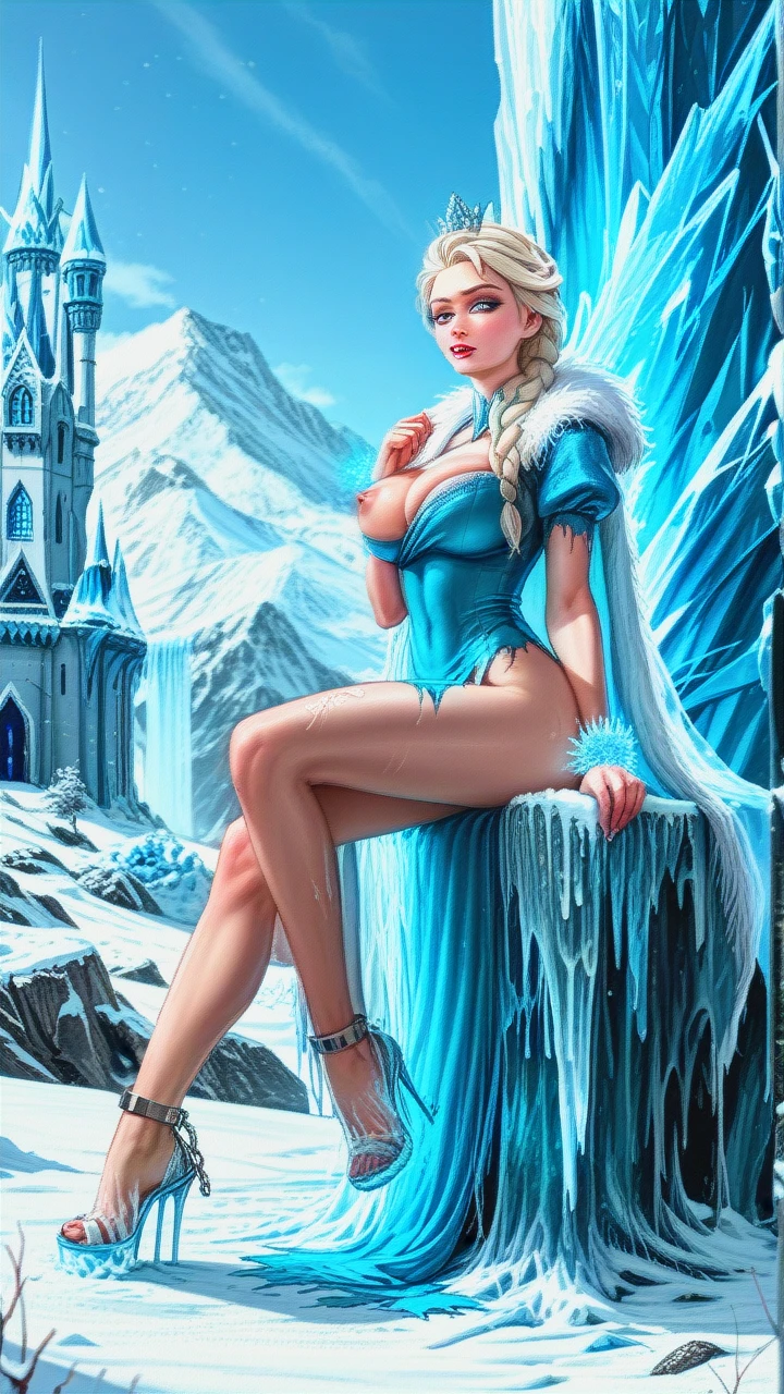 Elsa from "Frozen", a giant monster fucks elsa, the ice queen, in an ice dress with puffy sleeves, an ice cape, an ice crown, a toned body, icy high heels, a seductive look, long snow-white hair braided, huge round breasts, one breast fell out of her clothes, breasts are visible, everything is visible body, widely stretched pussy, bulges on her stomach, cum flows out of her pussy, she is fucked by a giant ice monster, shackled hands in shackles, a giant penis of a monster stretches her pussy, icy skin of a monster, a dragon monster with icy skin, sexual intercourse, a monster's dick of inhuman size, a lot of cum on her face, an ice castle of a snowy queens, 1 girl, torn clothes, bondage, side view, top view, revsitting, revstanding, <lora:revsex_SDXL_1_:.5>