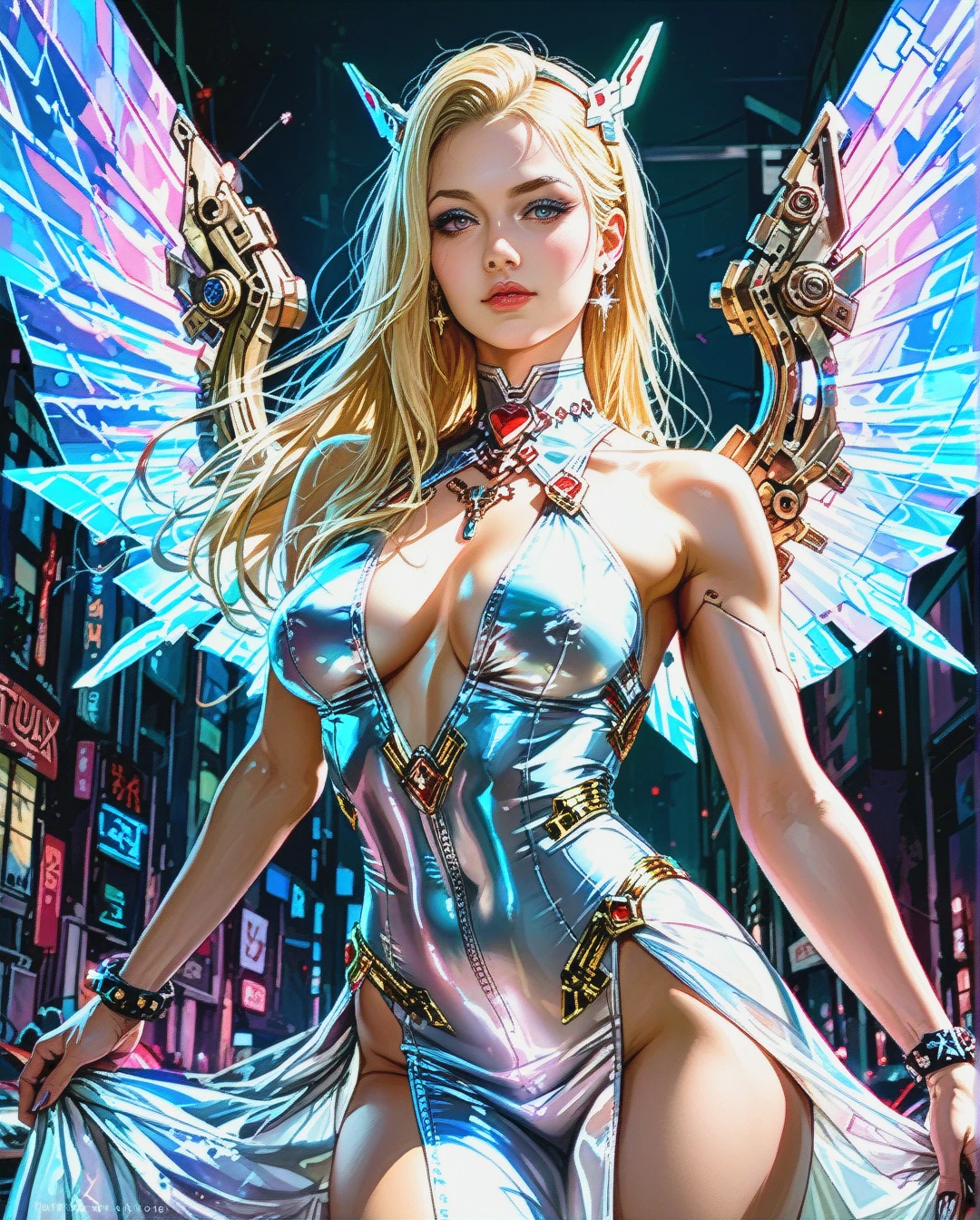 PhotoRealistic Portrait of Winx Club, Stella, Blonde, Winx wings, sexy winx dress, at winx club world, sexy posing, Perfect Sexy, tight plump body, Cyberpunk, 8k.