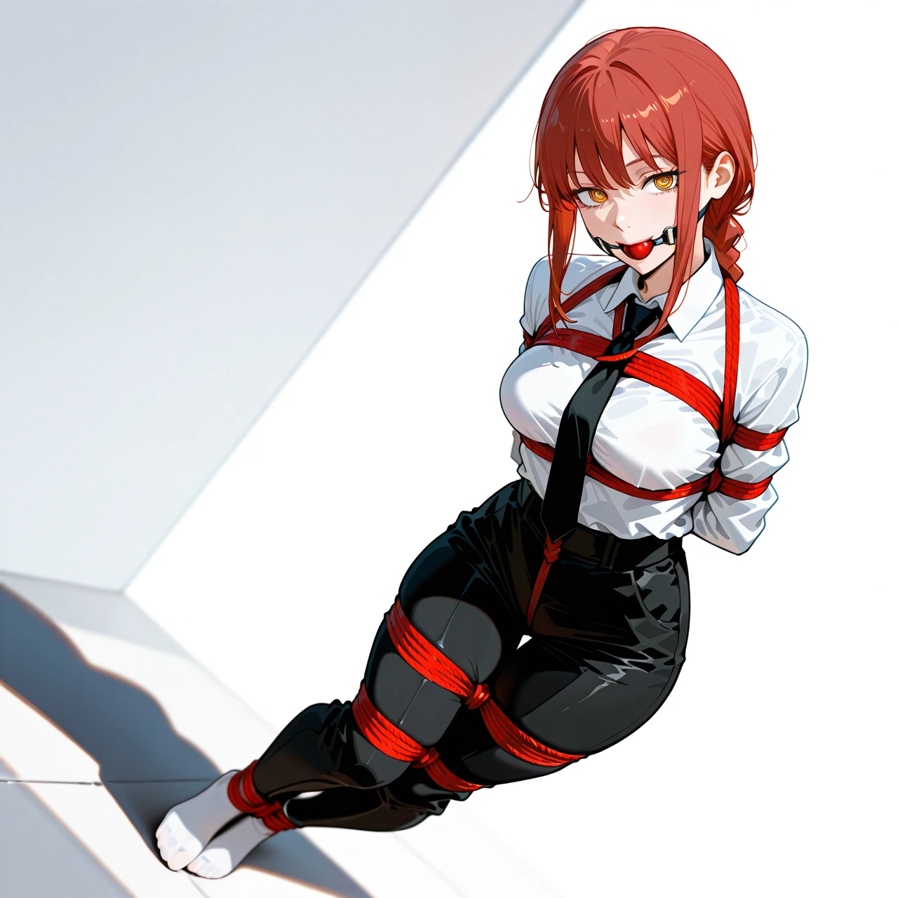 1girl, arms behind back, black necktie, black pants, braid, braided ponytail, breasts, white socks, closed mouth, collared shirt, formal, full body, high-waist pants, long hair, long sleeves, looking at viewer, makima \(chainsaw man\), medium breasts, necktie, pants, red hair, ringed eyes, shirt, shirt tucked in, no shoes, sidelocks, smile, solo, standing, white background, white shirt, yellow eyes, bound legs, bondage, gagged, gag, ball gag, bound, bound ankles, bound arms, bound legs, rope pattern on chest, red rope, (bondage), (shibari),