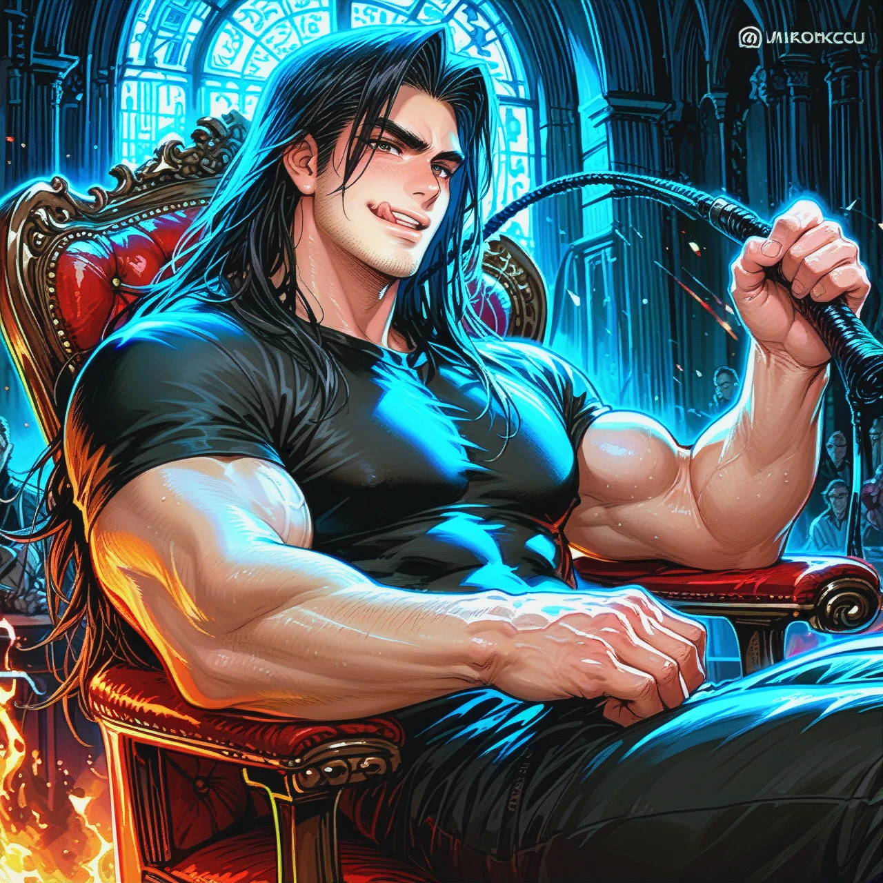 man, hot man, long black hair, long hair, stubble, muscular man, sitting in chair, black clothes, black shirt, shirt, muscles, whip in hands, happy face, licking lips, master, night