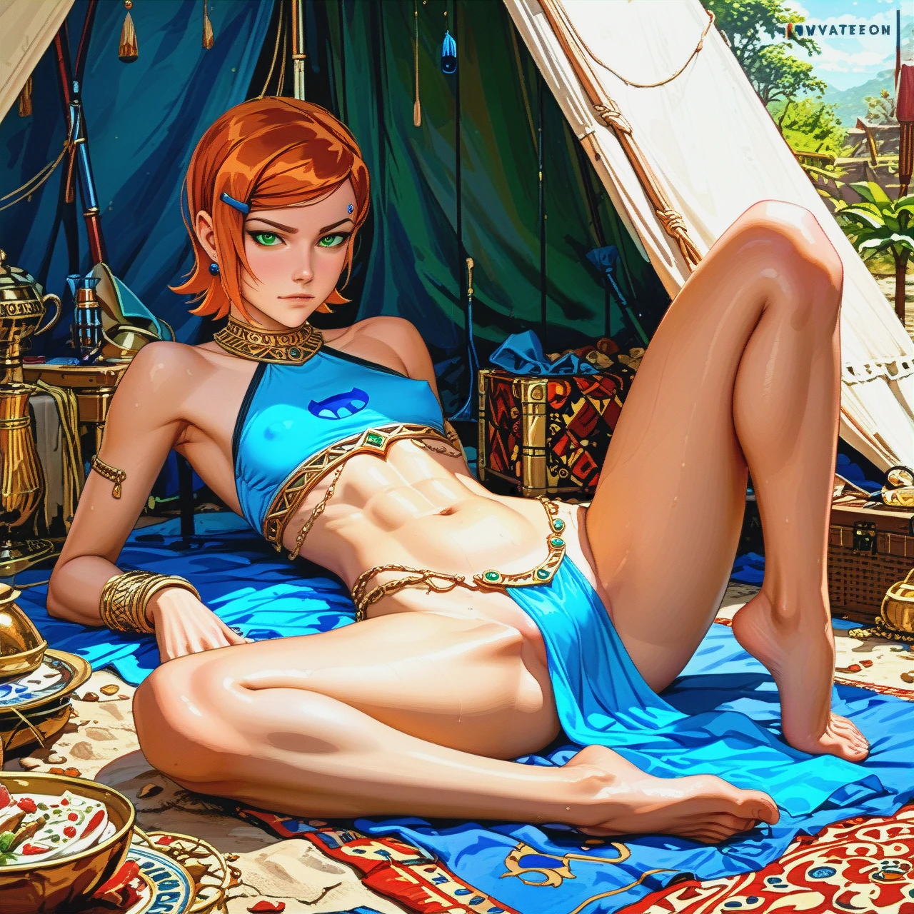 @gwen_tennyson , (flat_chest) , harem tight outfit, (skinny) , lying, tent, (legs_apart)