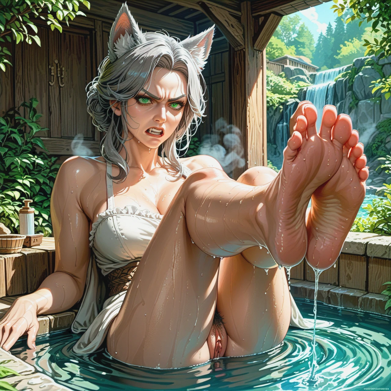 A girl, grey hair, grey eyebrows, green eyes, wolf ears, wolf tail, fangs, grey_pubic_hair, (angry), medium breast, (mature_female), pussy, legs, baths, wet, water, steam, medieval theme, sitting, soles, legs together, 5 toes, detailed, best quality,