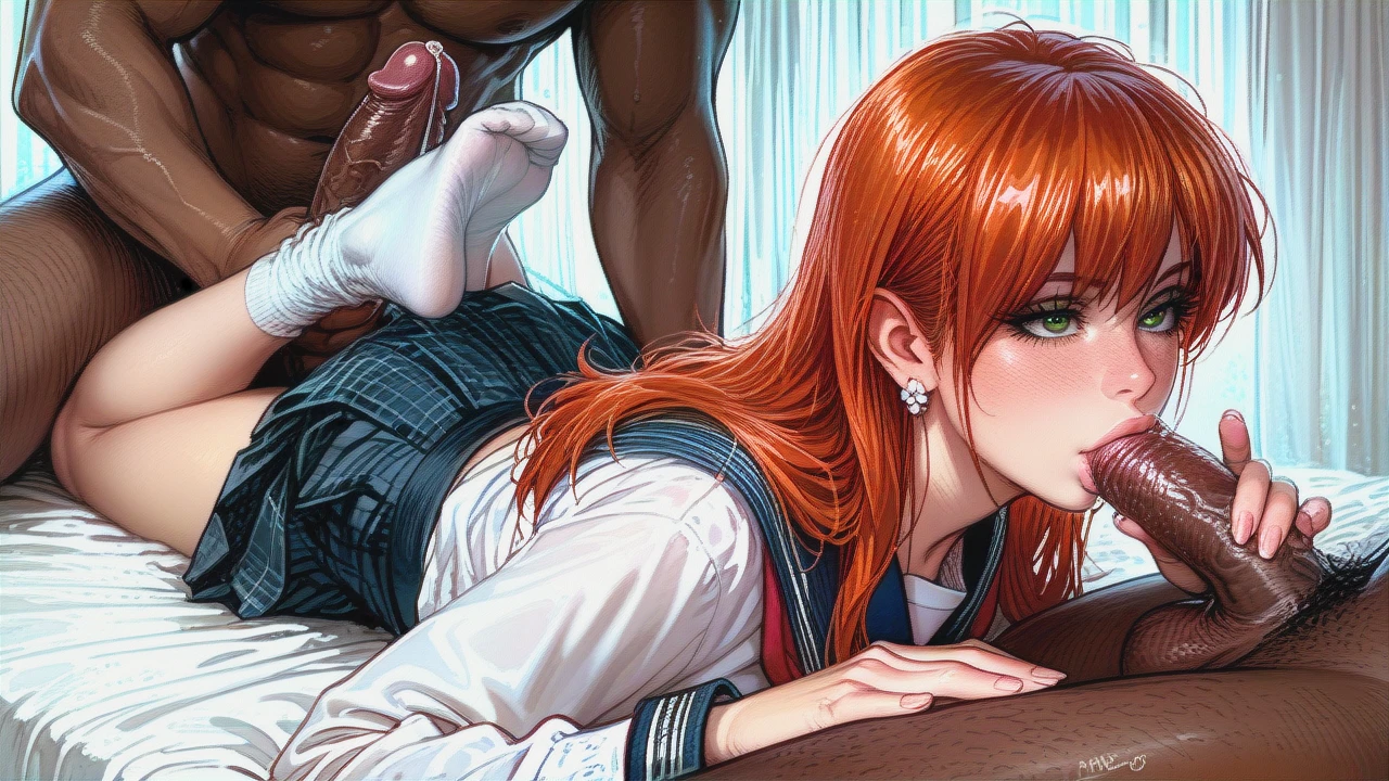 Mary Jane Watson, beautiful eyes, school uniform, skirt, socks, in bed, lying on stomach with her feet up, giving her black boyfriend a handjob, white female with Black male, dark skinned male, kissing his cock, precum