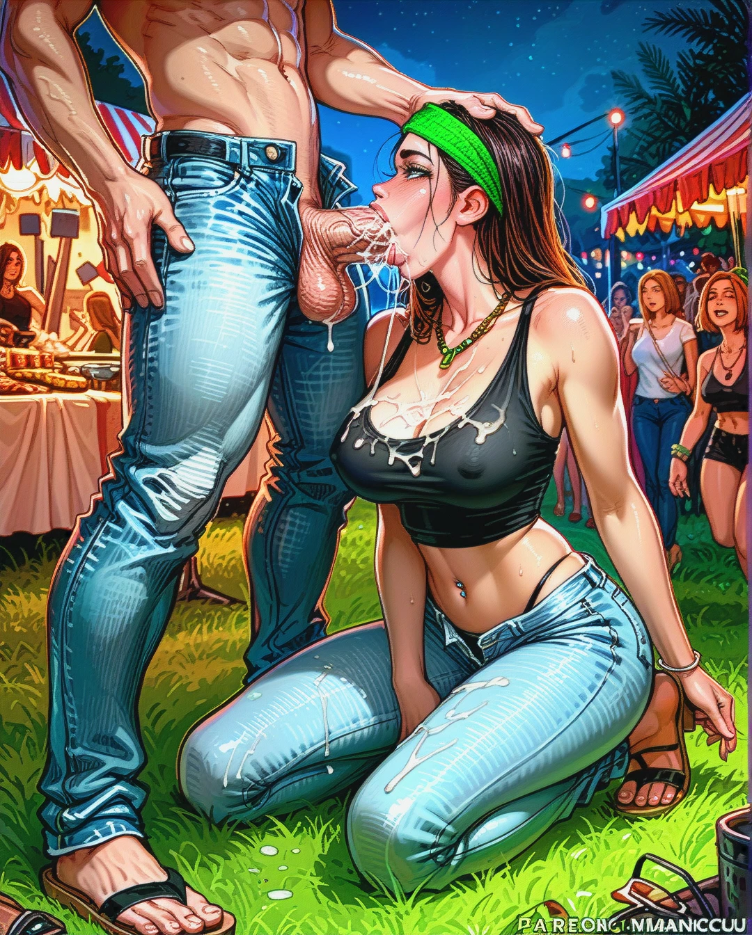 hayley smith from american dad, wearing hayley smith clothes, black hair, kneeling, female masturbating, deepthroat, head held down, skin tight deep v black tank top, green sweat headband, skin tight jeans, super low jeans, sandals, unbuttoned jeans, visible string thong, string necklace, exposed midriff, belly button piercing, music festival, night, extreme massive bulging thick veiny hyper penis, cum in mouth, cum on breasts, drooling, drool on penis