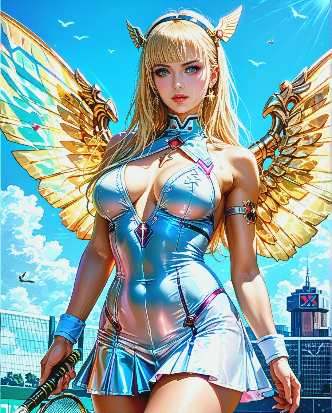 PhotoRealistic Portrait of Winx Club, Stella, Blonde, Winx wings, sexy tennis dress, at winx club world, sexy posing, Perfect Sexy, tight plump body, Cyberpunk, 8k.