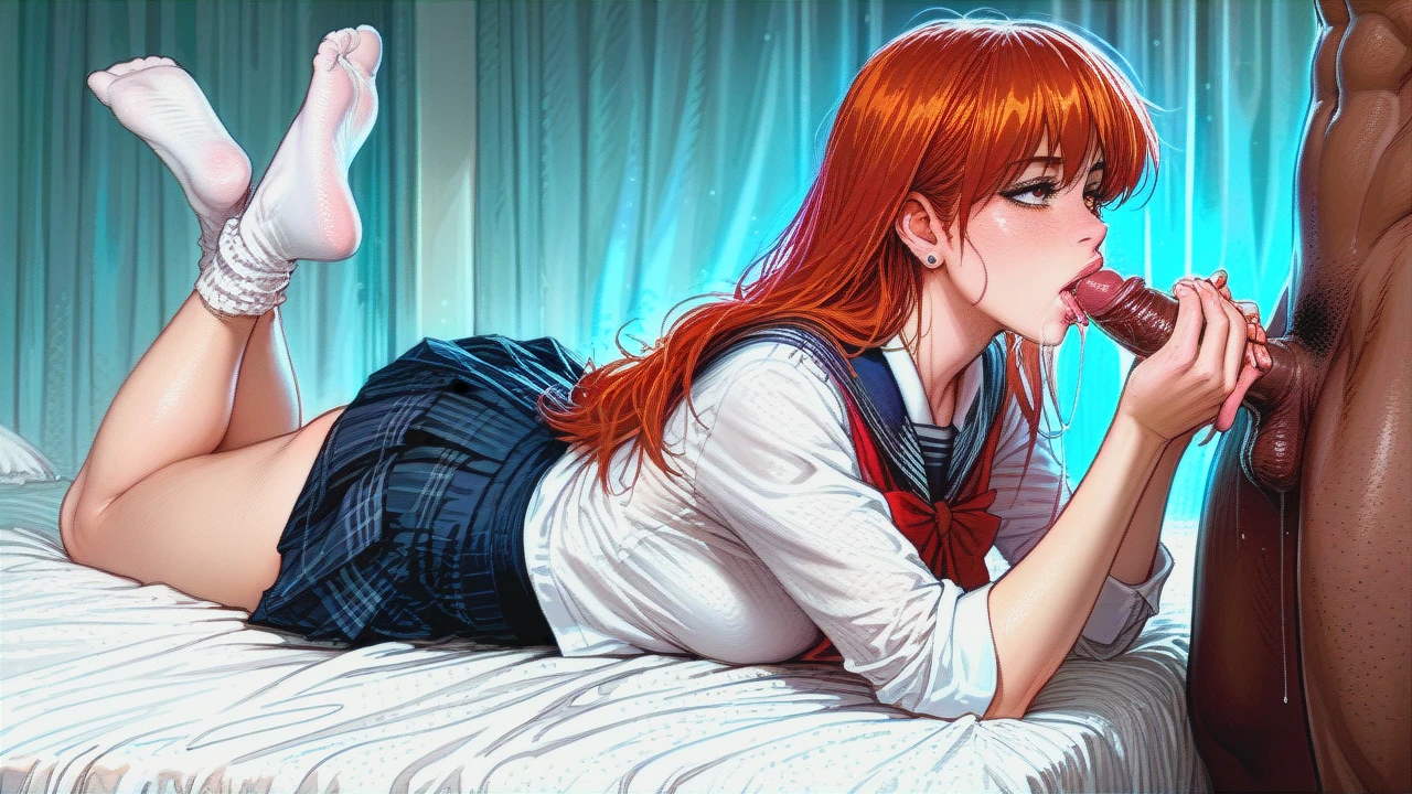 Mary Jane Watson, beautiful eyes, school uniform, skirt, socks, in bed, lying on stomach with her feet up, giving her black boyfriend a handjob, white female with Black male, dark skinned male, kissing his cock, precum, (saliva), (saliva_trail), excecssive saliva,