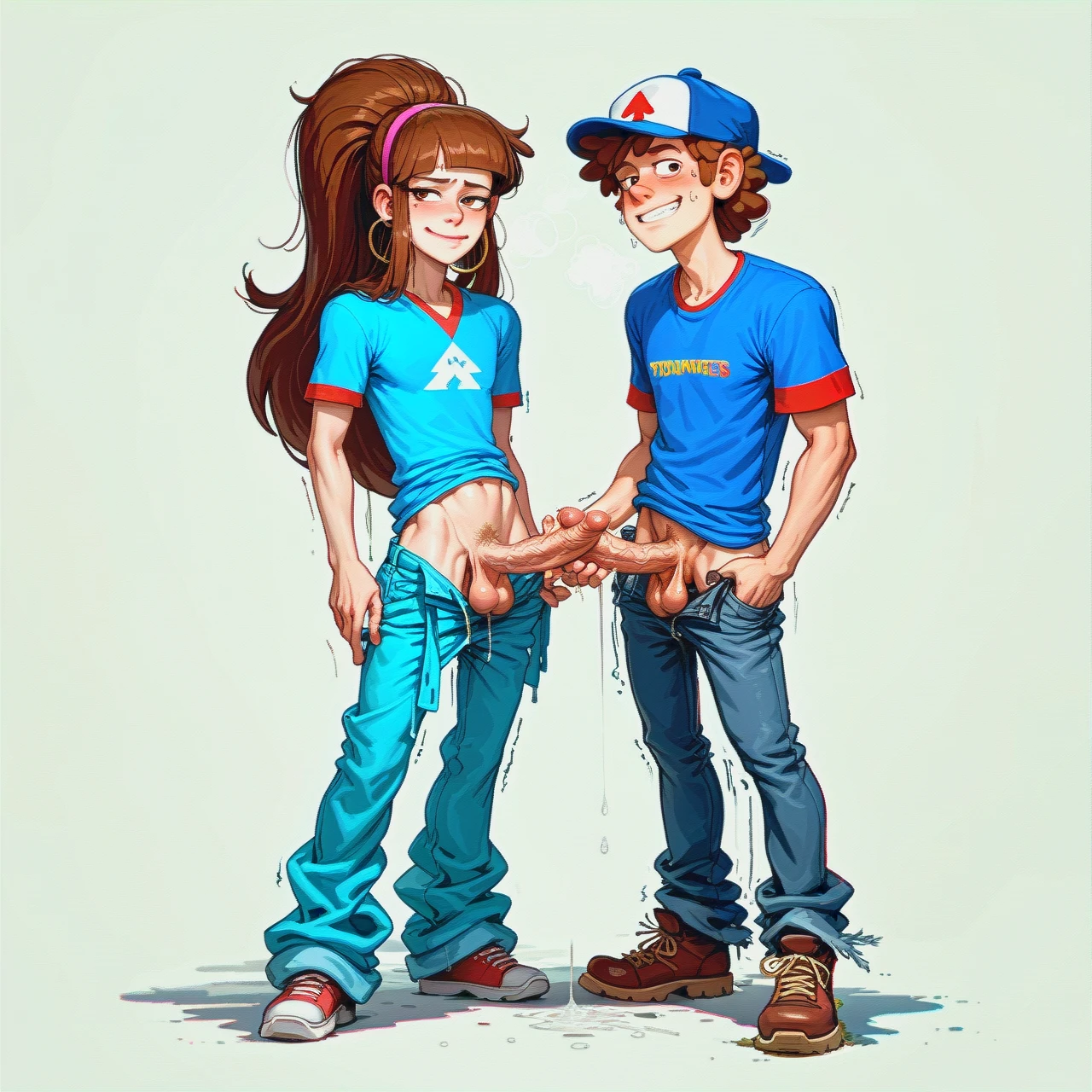 No background, @dipper_pines, (skinny), (naughty_face) standing, full body visible,  pulled down trousers, pants down, big veiny dick, swollen saggy balls, masturbating, touching his cock, pre-cum