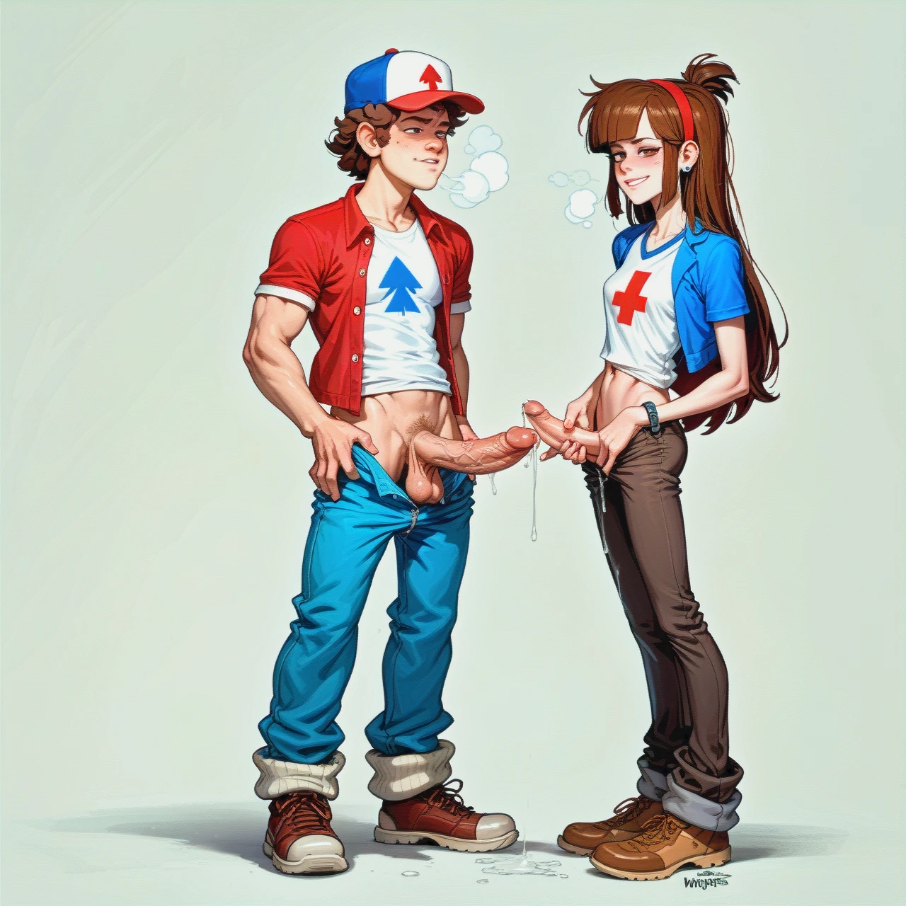 No background, @dipper_pines, (skinny), (naughty_face) standing, full body visible,  pulled down trousers, pants down, big veiny dick, swollen saggy balls, masturbating, touching his cock, pre-cum