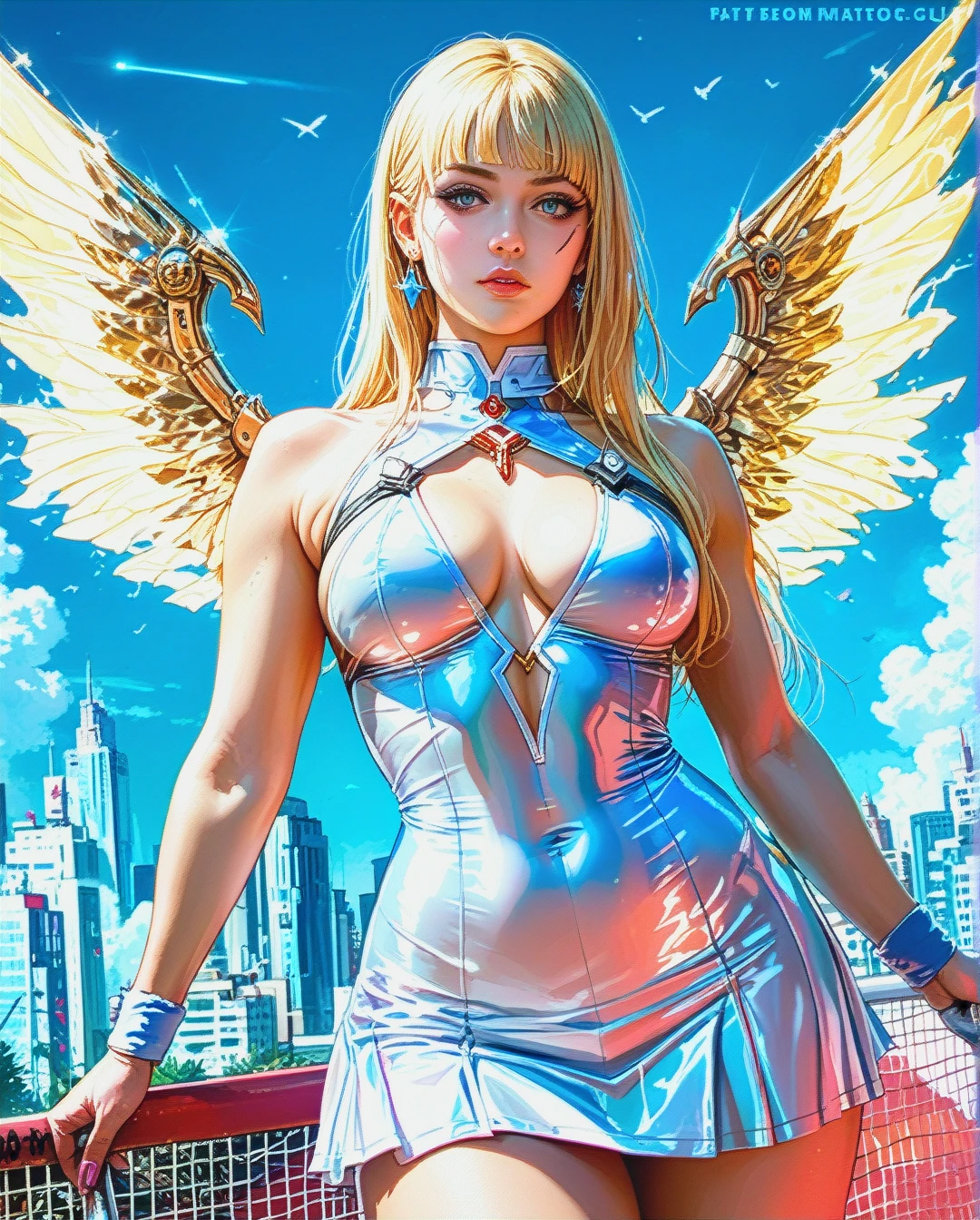 PhotoRealistic Portrait of Winx Club, Stella, Blonde, Winx wings, sexy tennis dress, at winx club world, sexy posing, Perfect Sexy, tight plump body, Cyberpunk, 8k.