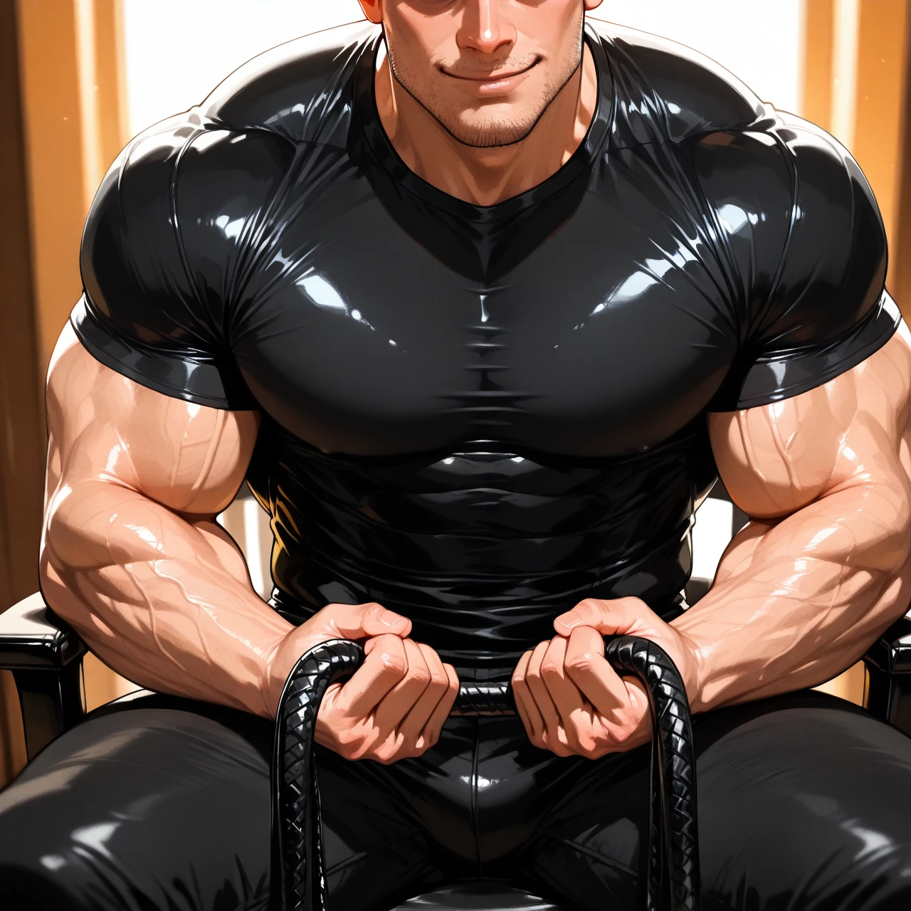 man, hot man, long black hair, stubble, muscular man, sitting in chair, black clothes, black shirt, muscles, whip in hands, happy face, licks lips, master