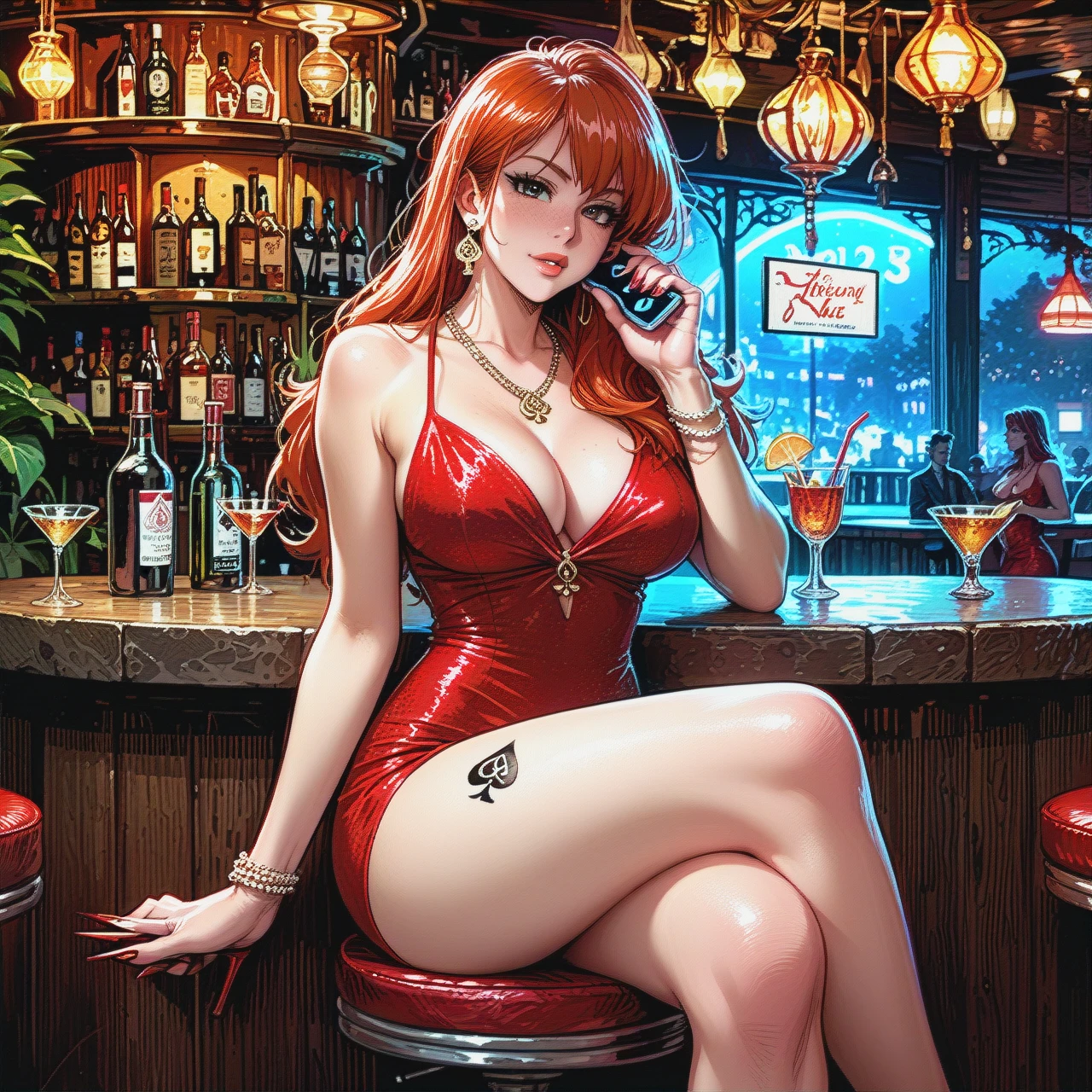 Mary Jane Watson, busty, glamorous red dress, cleavage, thighs, sitting at bar, crossed legs, heels, night, looking at phone, spades symbol necklace