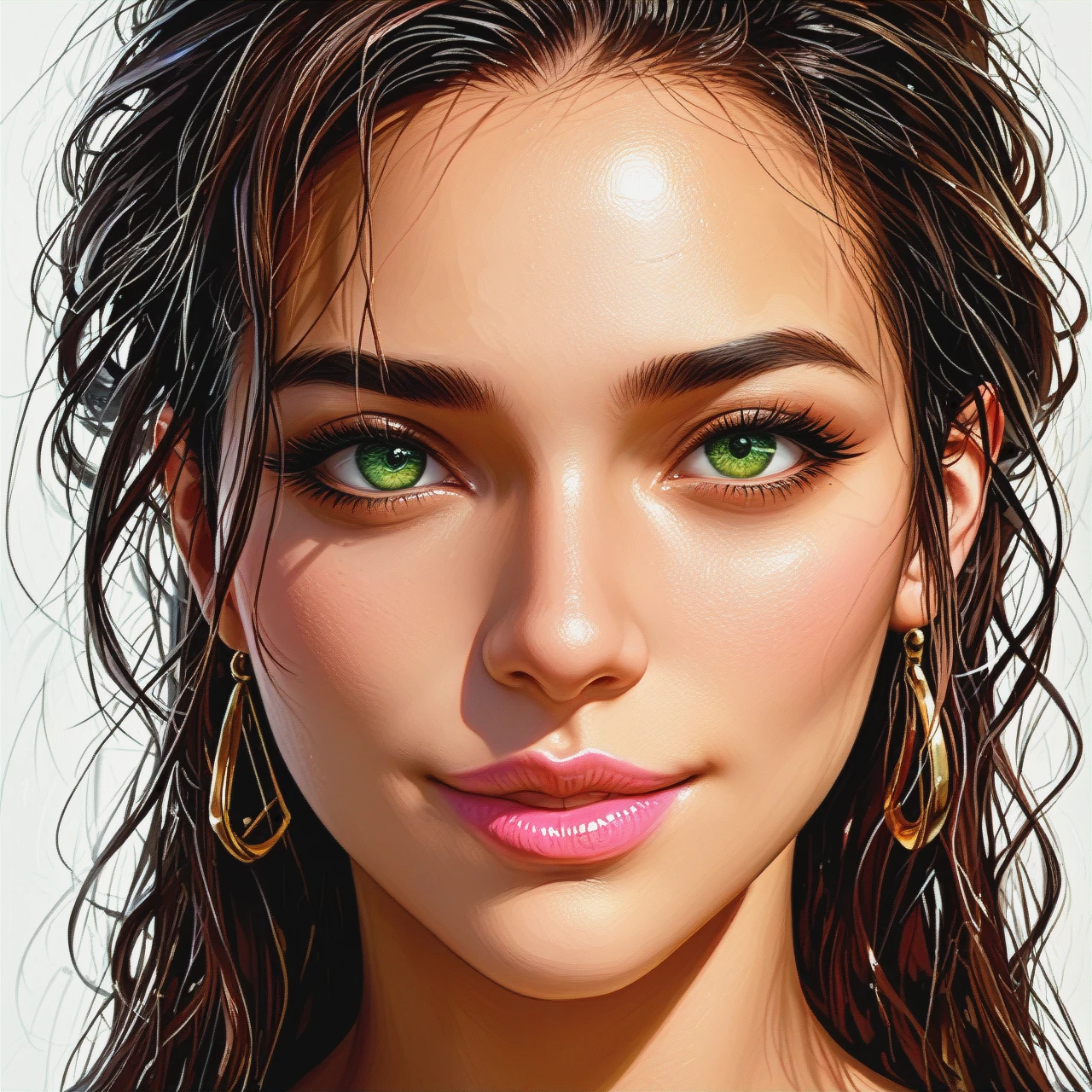 PhotoRealistic Portrait of eyes, nose, lips, golden-green eyes, perfect nose, sensual lips, pink lipstick, Latina beauty, brown skin, light smile, close up shot, no hair, realistic, detailed