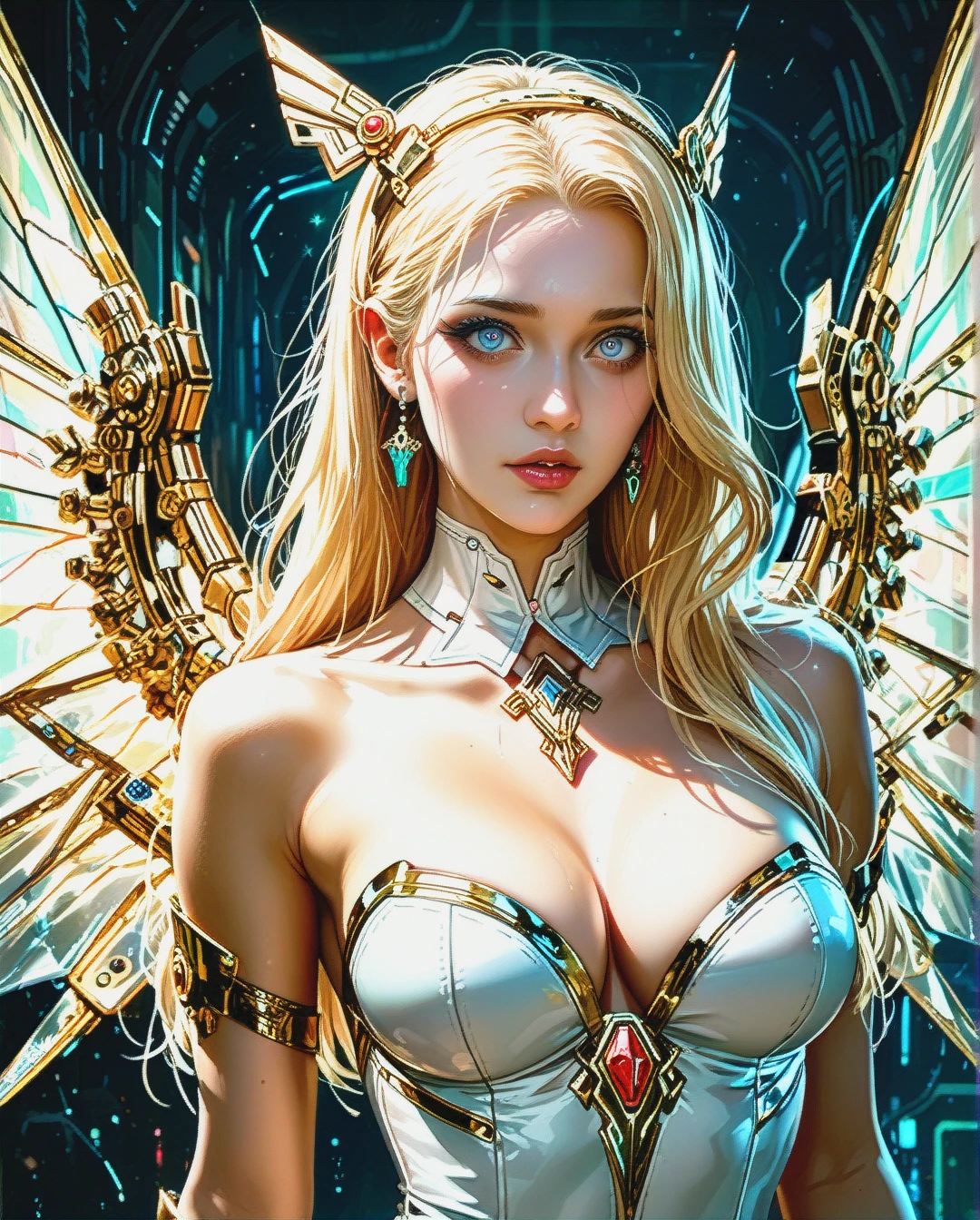 PhotoRealistic Portrait of Winx Club, Stella, Blonde, Winx wings, sexy posing, Perfect Sexy, Cyberpunk, 8k.