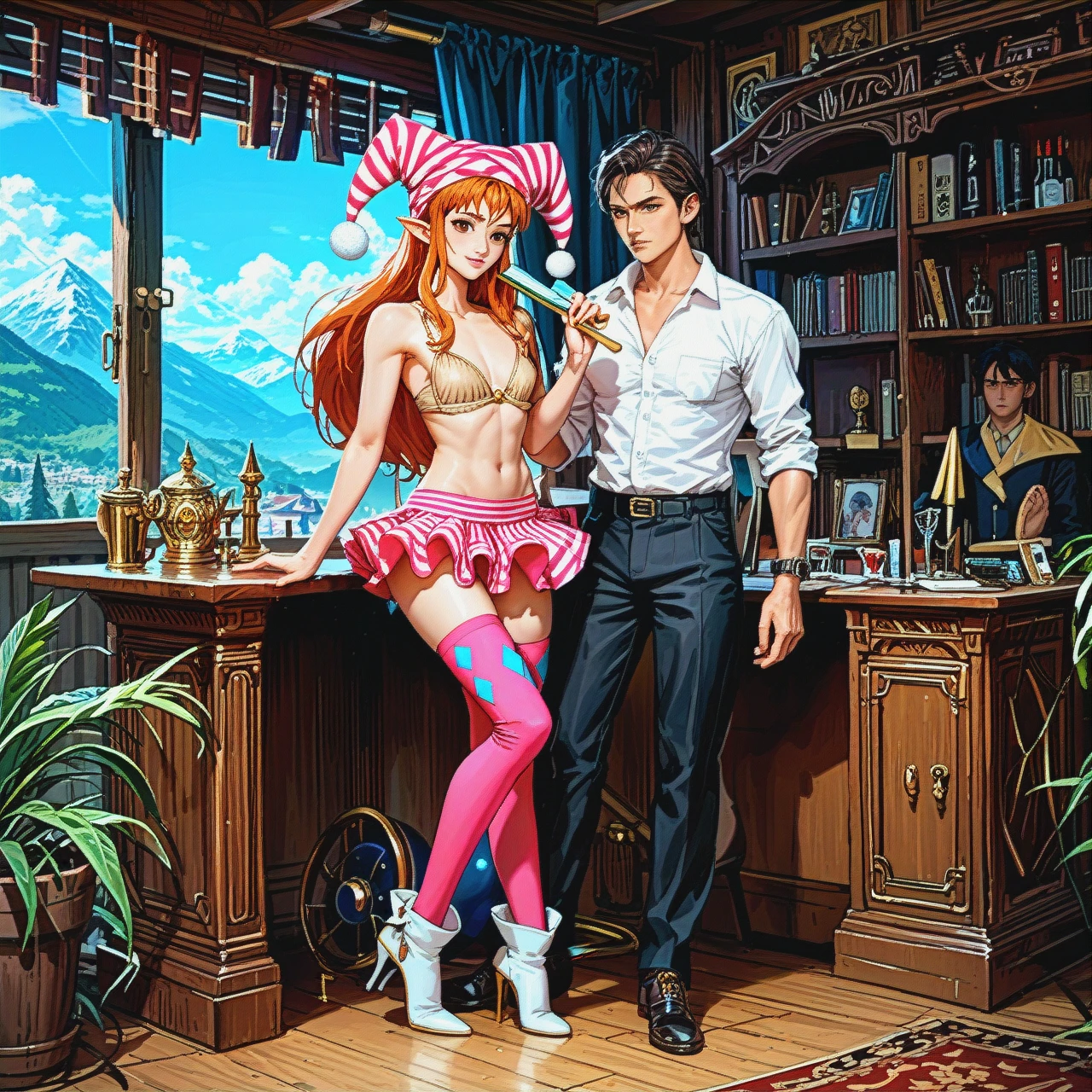 1girl,1boy, , , , cheekbones,hand fan,flat chest,bar background,ankles, shirtless,striped,jester cap,bikini top lift,stiletto heels, pink skirt,pink stockings,gold jewelry,beige bra,white boots, office boy, mountains, castle exterior, big dildo, anime a, dark brown eyes, princess zelda, ariel, nami