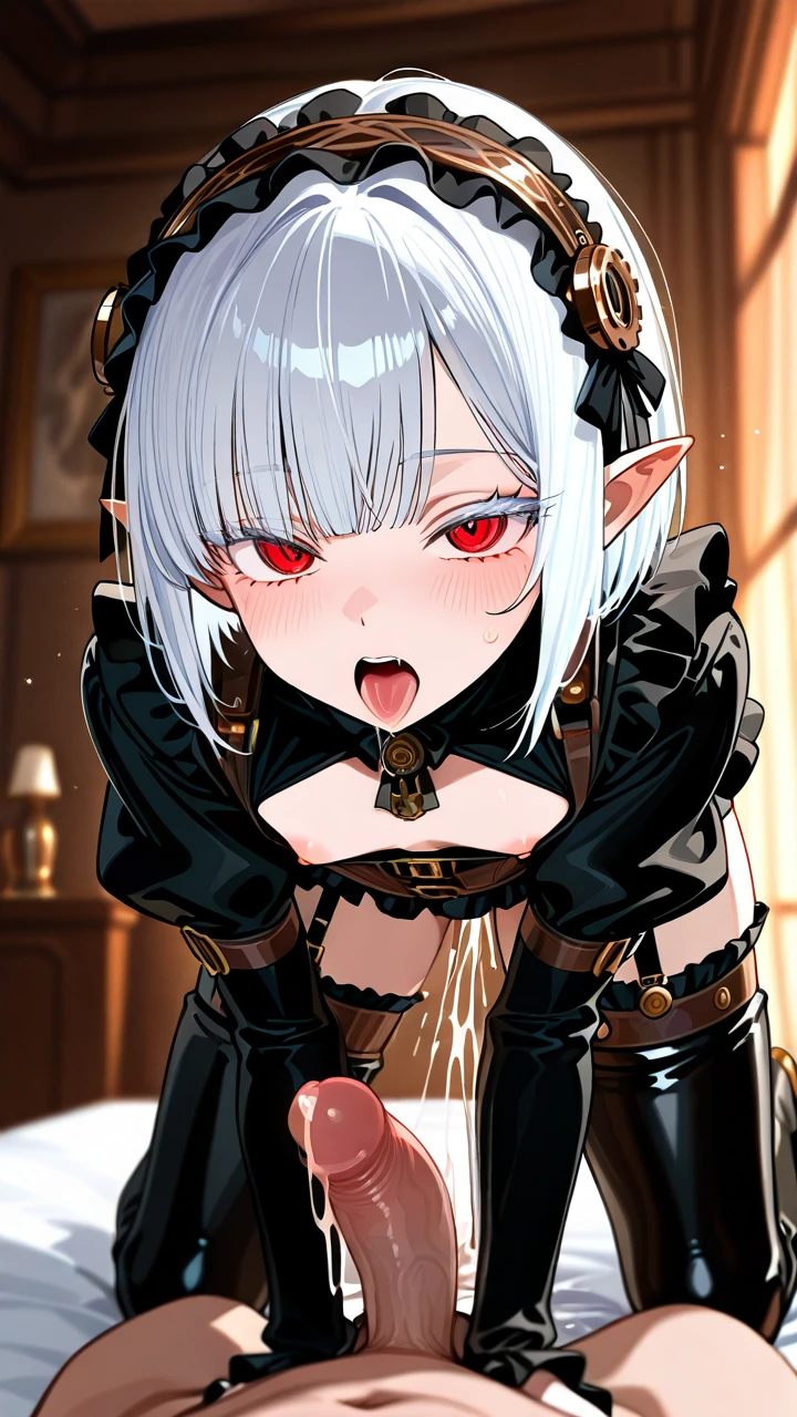 (otoko_no_ko) white_hair bob side_bangs (red_eyes) white_eyelashes pointy_ears steampunk_clothes (underbust) frilled_skirt frilled_hairband thigh_high_boots garter_straps puffed_sleeves black_shirt (sex_from_behind) (all_fours) penis erection (open_mouth) (male_penetrated) (anal) ejaculation