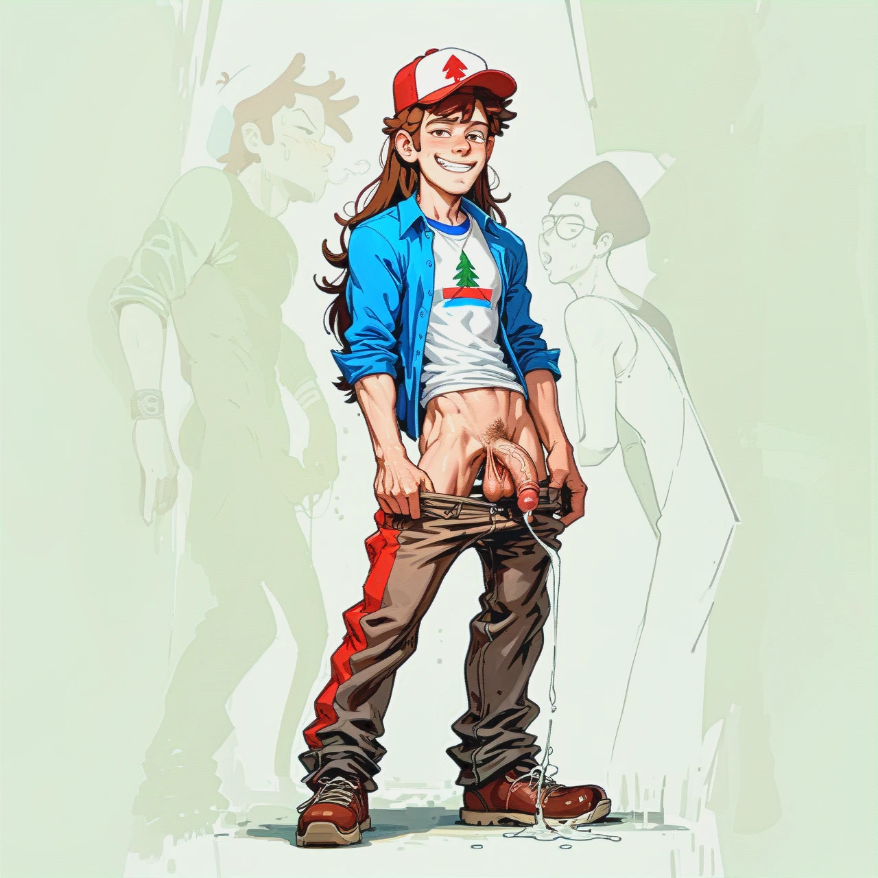 No background, @dipper_pines, (skinny), (naughty_face) standing, full body visible,  pulled down trousers, pants down, big veiny dick, swollen balls, very very saggy balls, masturbating, touching his cock, pre-cum