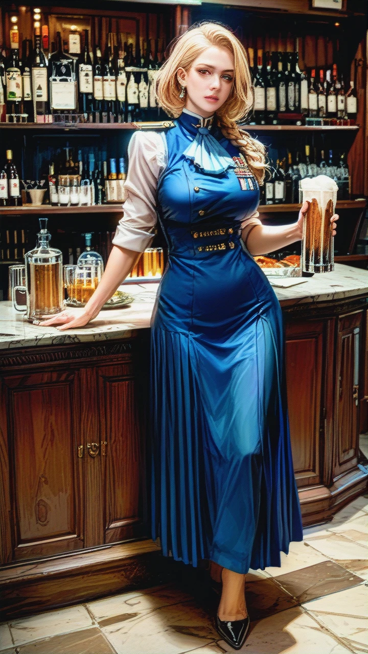 woman, blond hair, barwoman, barwoman uniform, working in pub, D cup  uber realistic, perfect illumination, (best shadow), sharp image, (best illumination), best quality, ultra-detailed, fine detail, highres, masterpiece, high definition, full body view, <lora:akaburStyleLora_akaburAnythingV3Lora:.5>