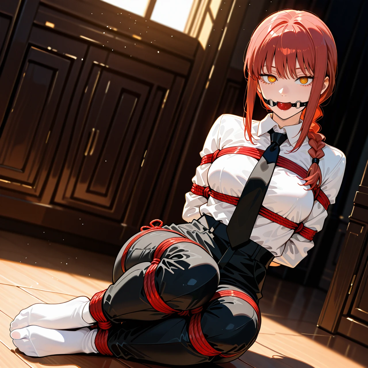 1girl, arms behind back, black necktie, black pants, braid, braided ponytail, breasts, white socks, closed mouth, collared shirt, formal, full body, high-waist pants, long hair, long sleeves, looking at viewer, makima \(chainsaw man\), medium breasts, necktie, pants, red hair, ringed eyes, shirt, shirt tucked in, no shoes, sidelocks, smile, solo, white shirt, yellow eyes, bound legs, bondage, gagged, gag, ball gag, bound, bound ankles, bound arms, bound legs, rope pattern on chest, red rope, (bondage), (shibari),