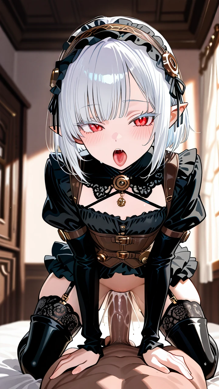 (otoko_no_ko) white_hair bob side_bangs (red_eyes) white_eyelashes pointy_ears steampunk_clothes (underbust) frilled_skirt frilled_hairband thigh_high_boots garter_straps puffed_sleeves black_shirt (sex_from_behind) (all_fours) penis erection (open_mouth) (male_penetrated) (anal) ejaculation