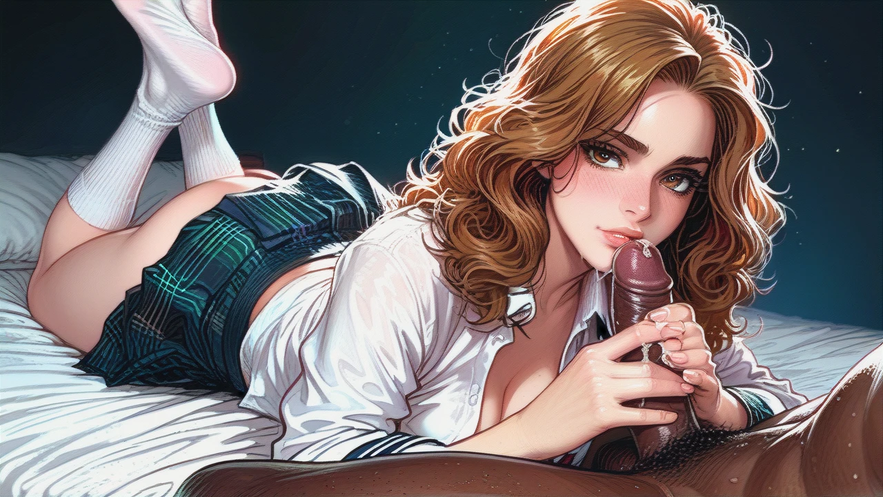 Hermione Granger, beautiful eyes, school uniform, cleavage, button shirt, skirt, socks, in bed, lying on stomach with her feet up, giving her black boyfriend a handjob, white female with Black male, dark skinned male, handjob, precum