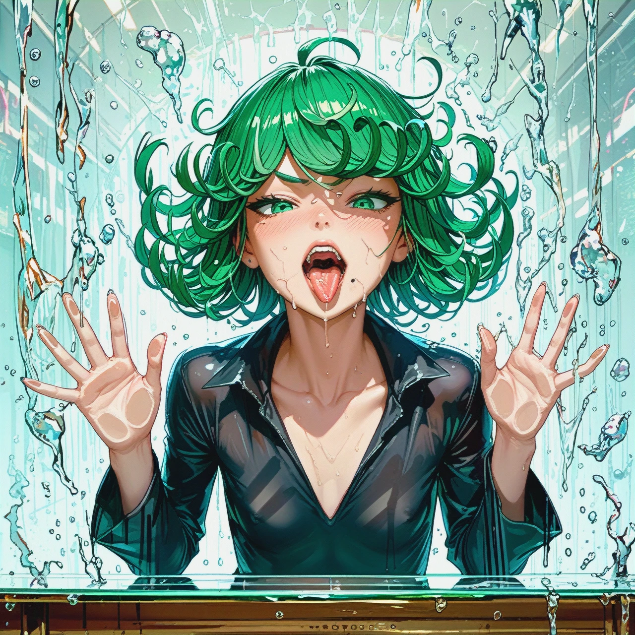 Tatsumaki, breast expansion, (flat_chest) on glass table, (tongue_out)