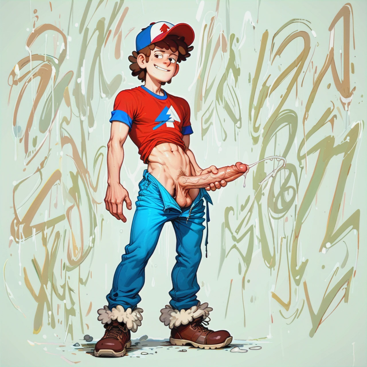 No background, @dipper_pines, (skinny), (naughty_face) standing, full body visible,  pulled down trousers, pants down, big veiny dick, swollen saggy balls, masturbating, touching his cock, pre-cum