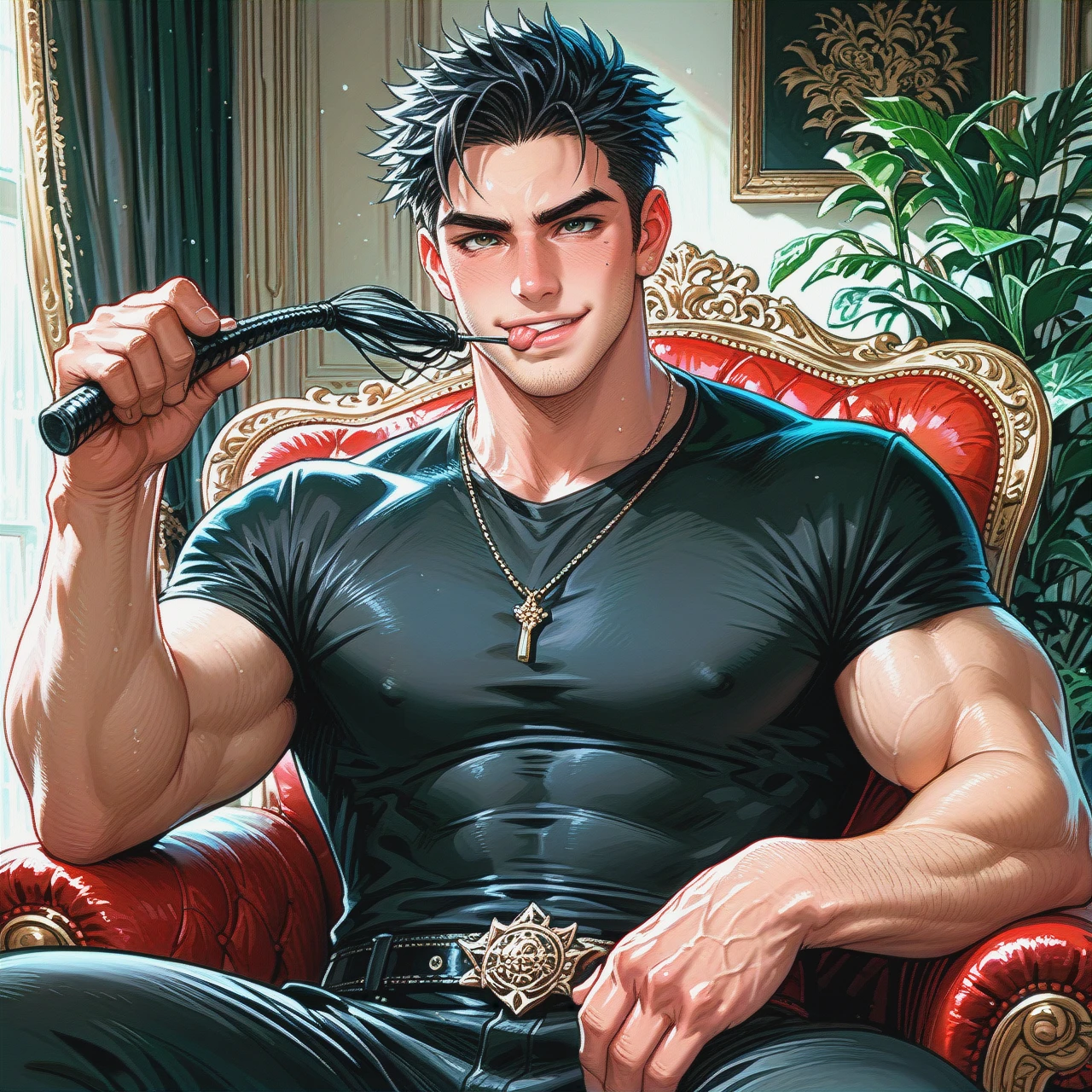 man, hot man, long black hair, stubble, muscular man, sitting in chair, black clothes, black shirt, muscles, whip in hands, happy face, licks lips, master