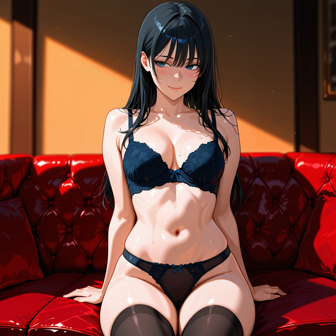 Femboy, long black hair, medium tits, thin body, wearing bra and panties only, sitting, Maria, blue eyes, wide shoulders, femeine boy, cute face, boyish hands, boy shoulders, boy thighs