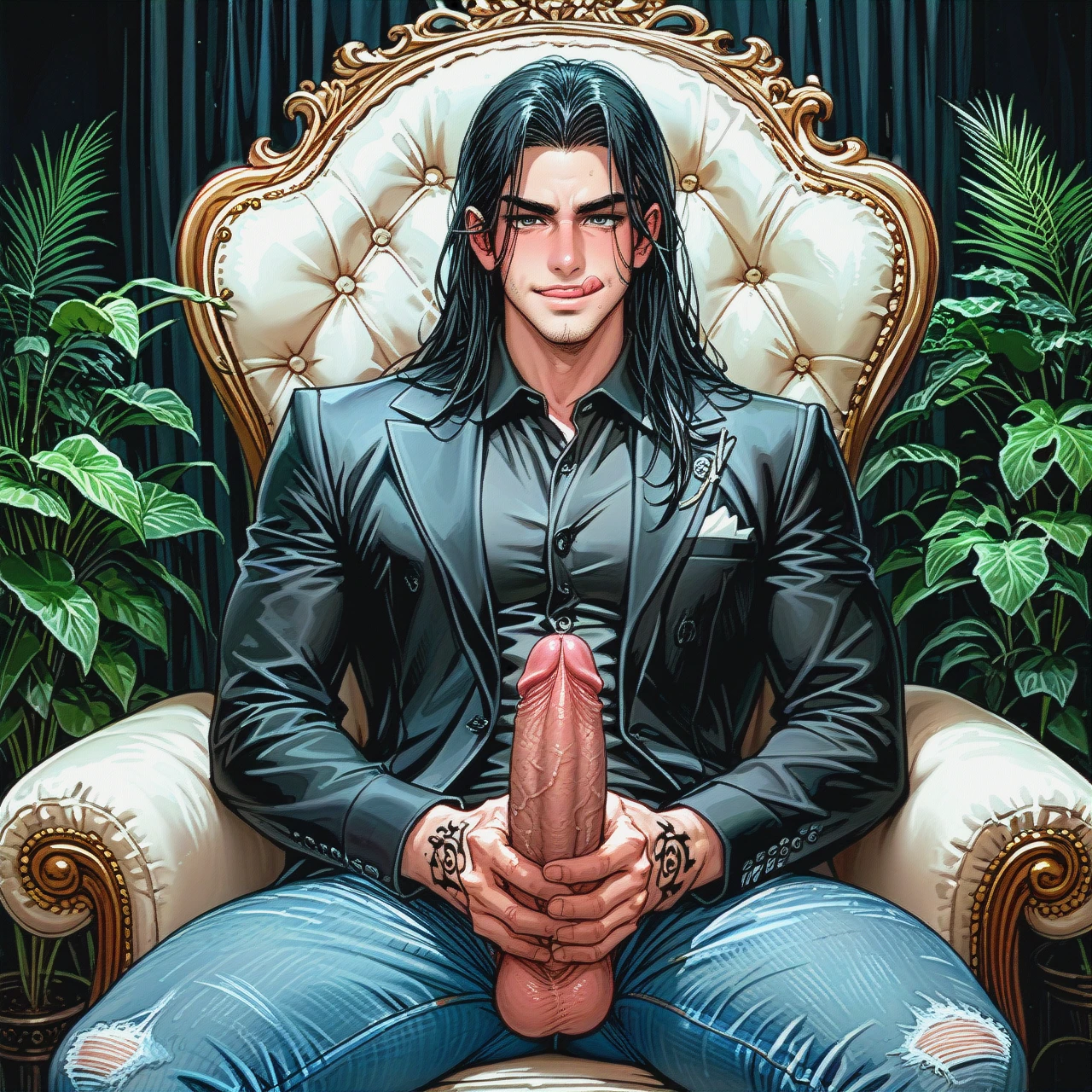 (Male) (looking_at_viewer) (male_masturbation) (Black _hair) (Tattoo) (Formal_suit)  man, hot man, long black hair, long hair, stubble, muscular man, sitting in chair, black clothes, black shirt, shirt, muscles, whip in hands, happy face, licking lips, master, night, hard cock visible through jeans, big cock, jeans tight cock