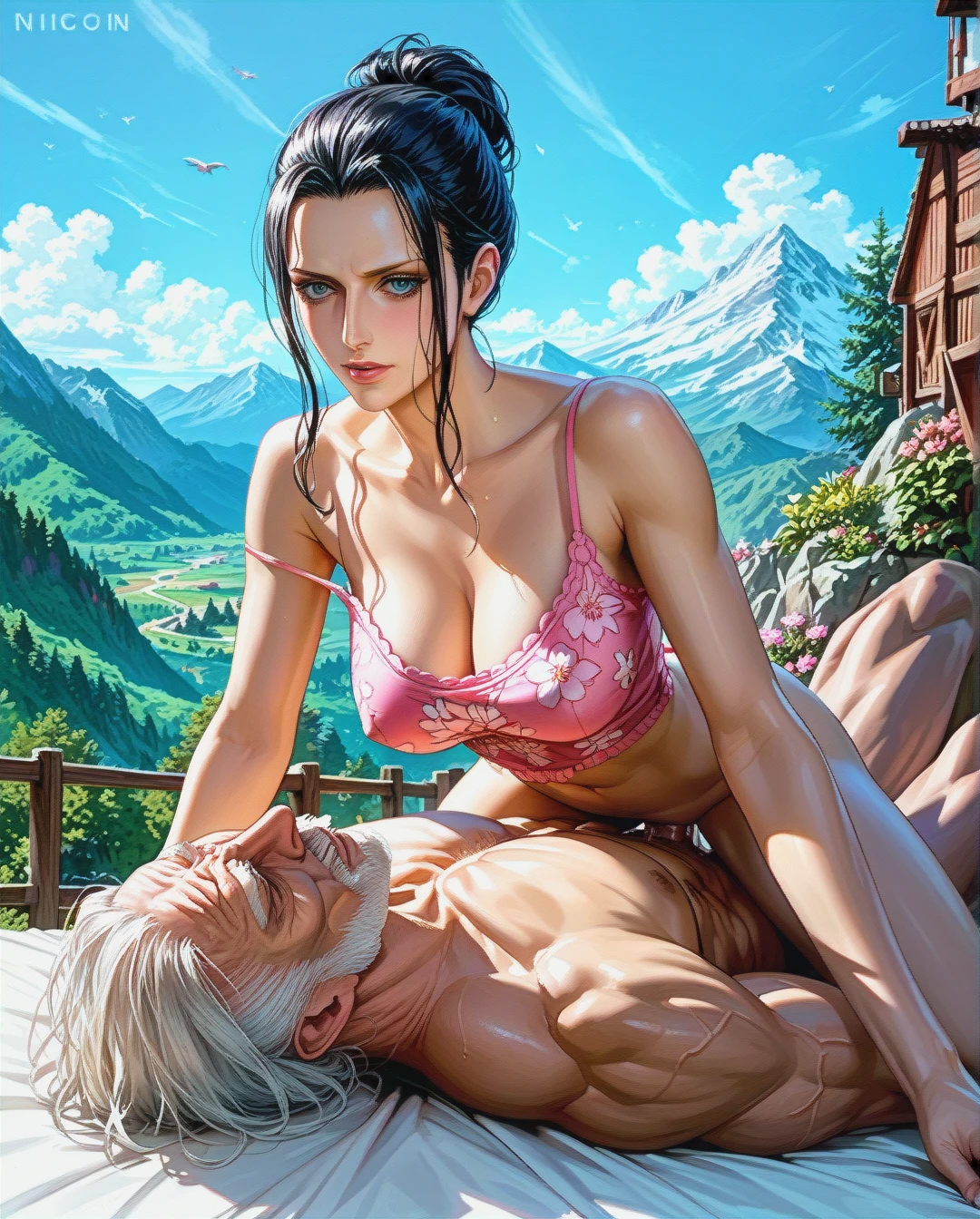 Nico Robin, mature, attack on Titan, Realistic Realistic , mountain, , pulled back hairstyles,sex sex,oldman, Sex rabbit position,crop,top, camisole,pink floral, ,