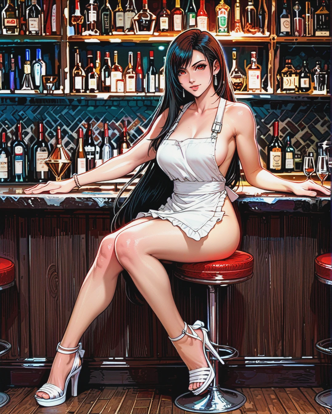 @tifa_lockhart, Front view of Tifa Lockhart, sitting on a bar stool, knees pressed together, wearing open-toe high heels, nude under her bar waitress apron